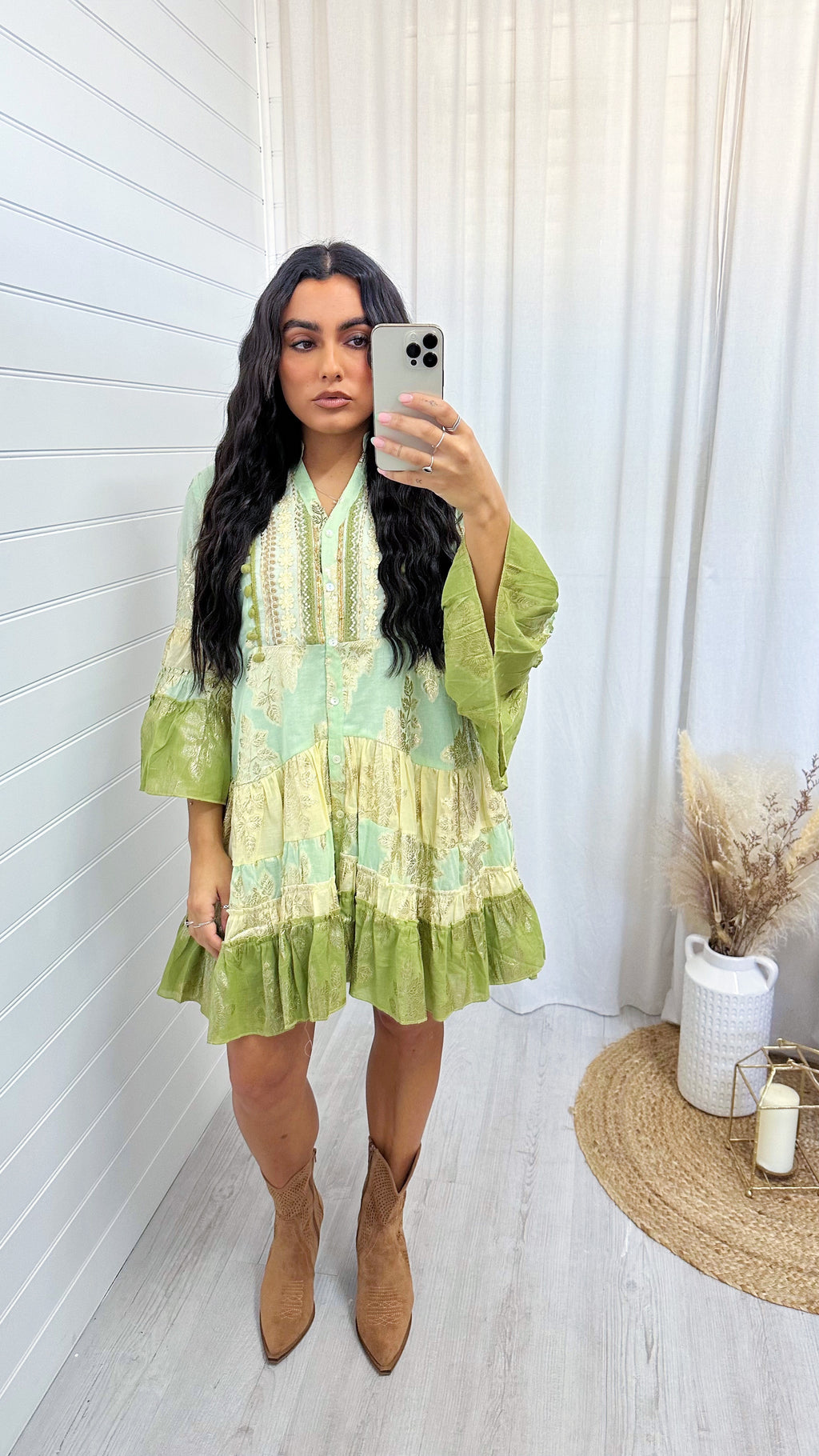 Foil Leaf Beaded Boho Smock Dress - GREEN