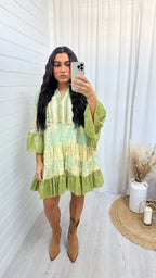 Foil Leaf Beaded Boho Smock Dress - GREEN