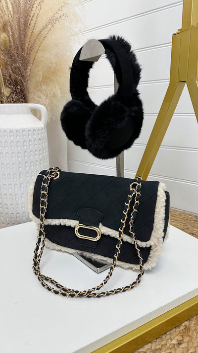 Teddy Fur Trim Cross Body Bag - BLACK