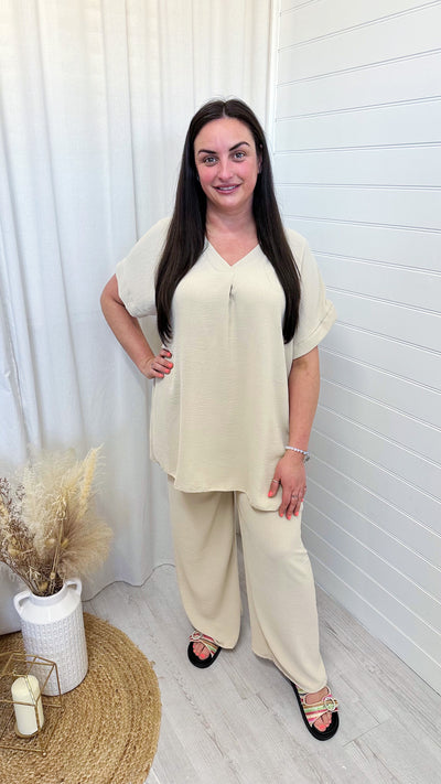 V Neck Loose Fit Top and Trousers Co-Ord - BEIGE