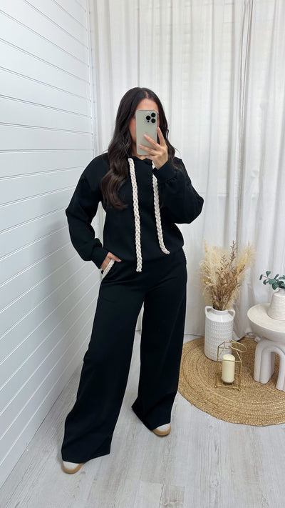 Rope Lace Hoodie and Wide Leg Joggers Co-Ord - BLACK