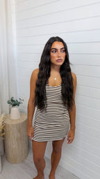 Halter Neck Stripey Rib Dress - BROWN