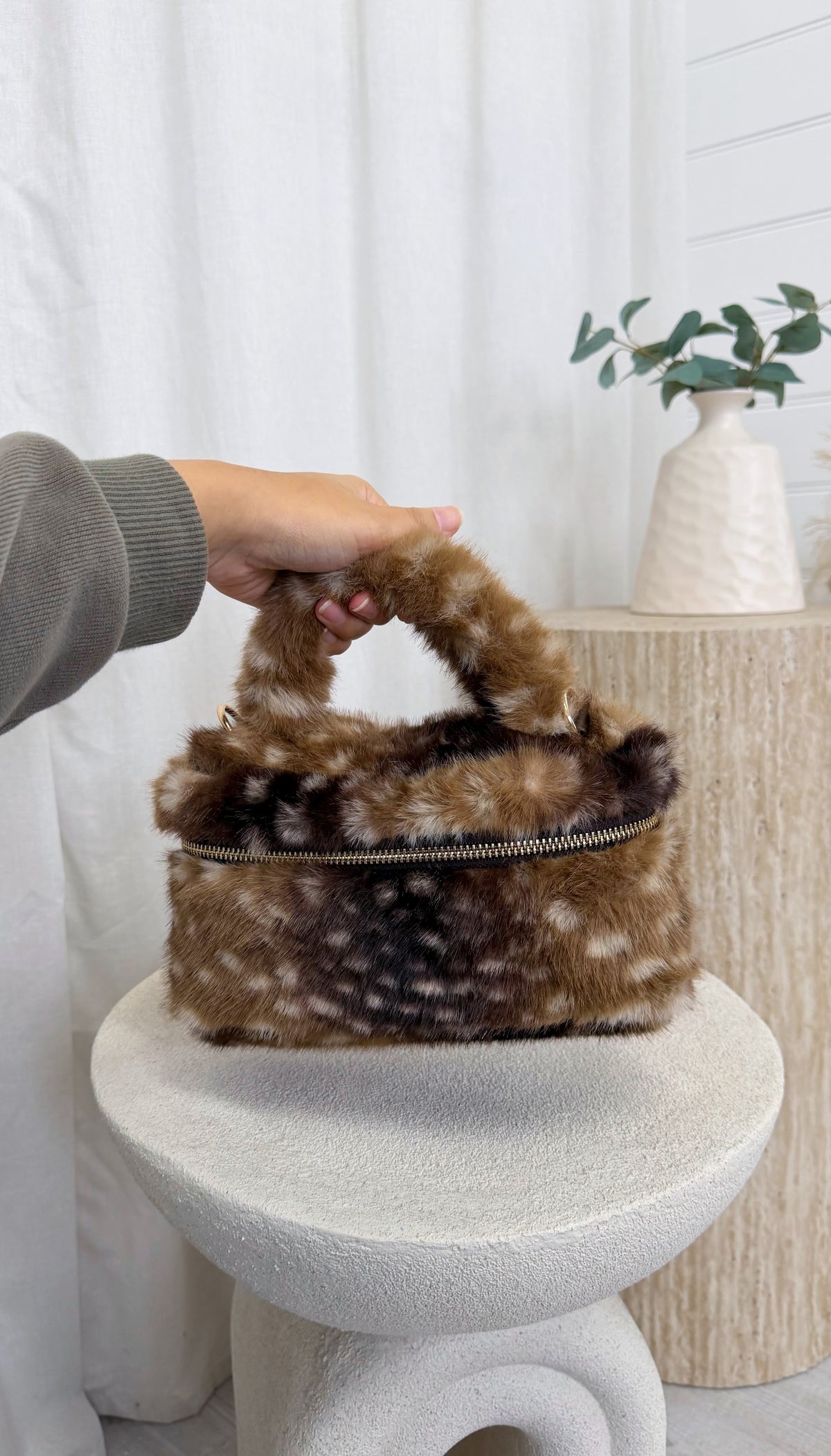 Top Handle Faux Fur Deer Print Bag