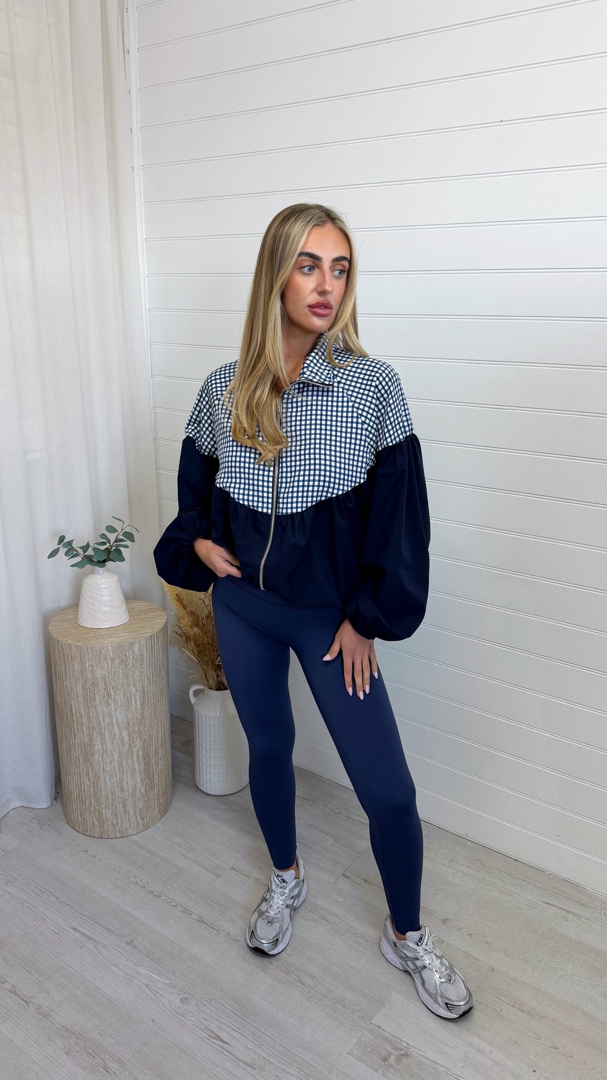 Gingham Puff Ball Jacket - NAVY