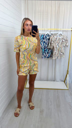 Petal Print T-Shirt and Shorts Co-Ord - LEMON