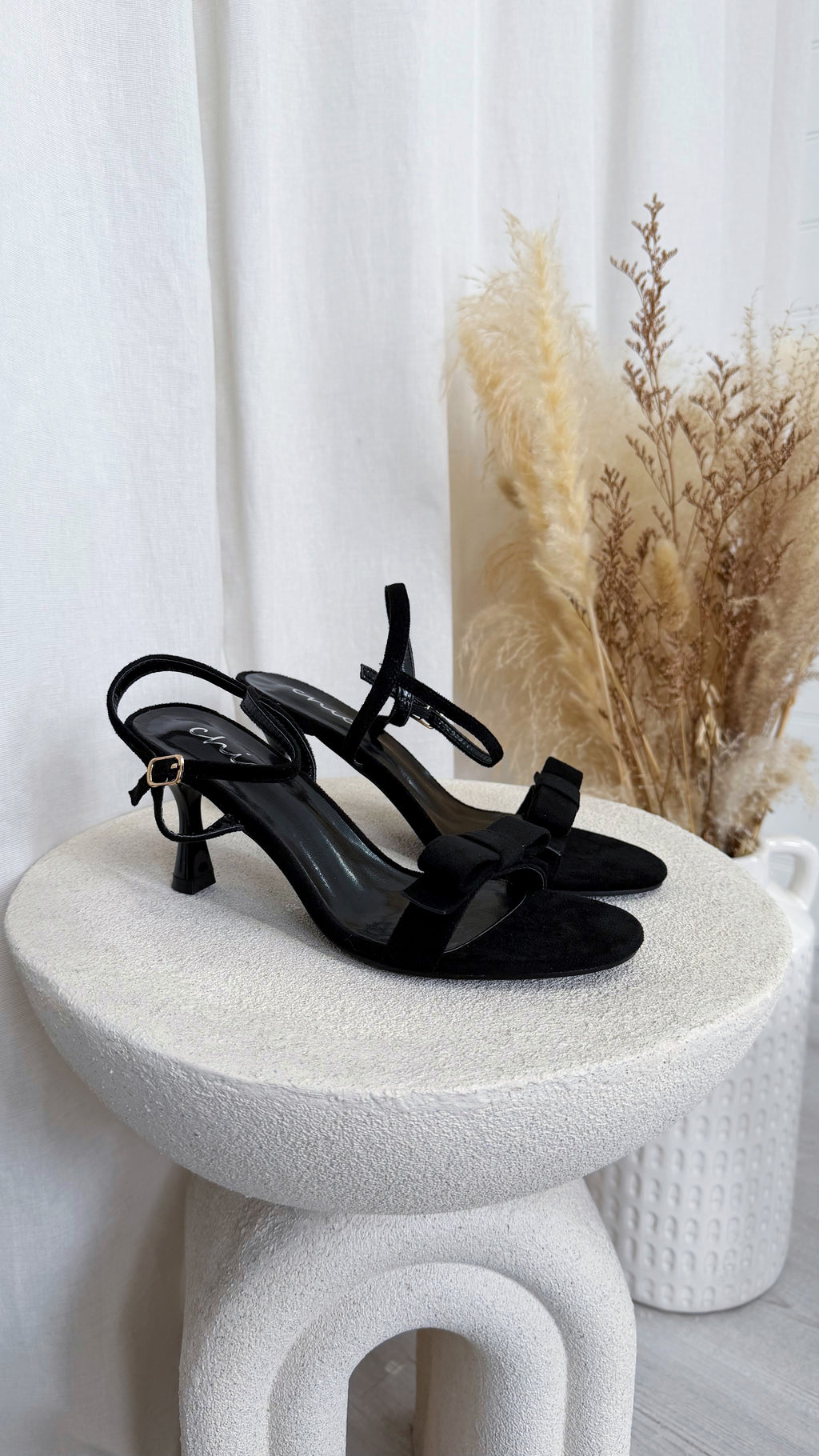 Suede Bow Heeled Sandals - BLACK