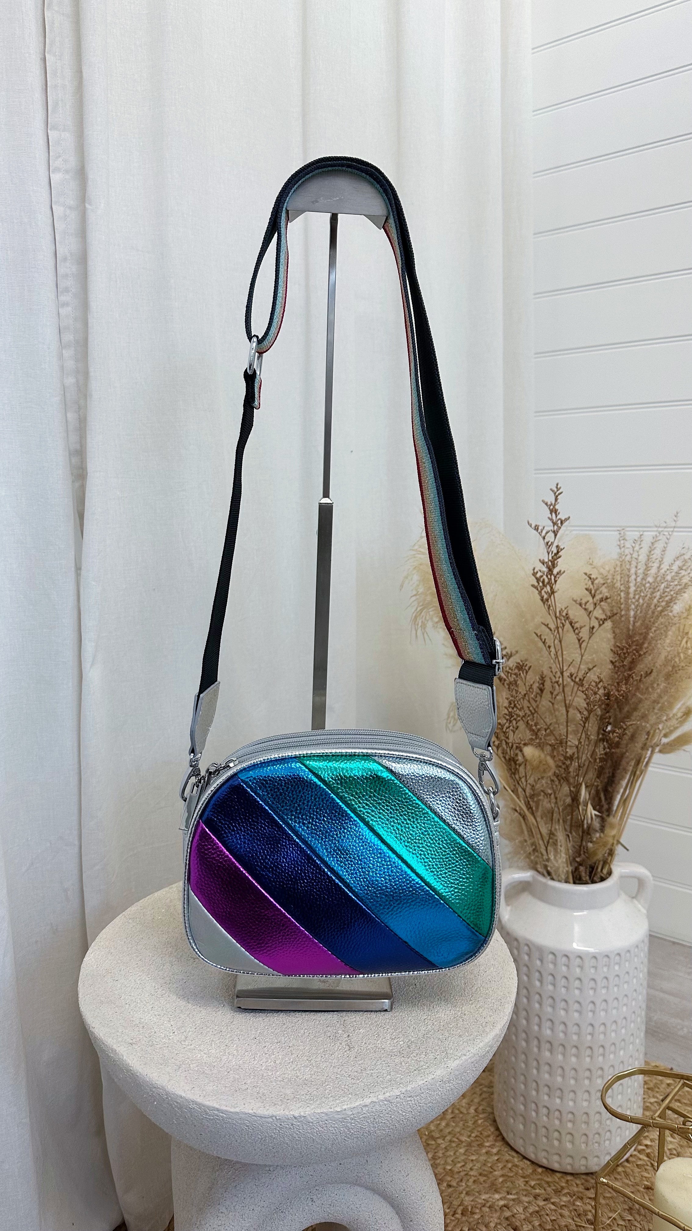 Multicolour Metallic Stripe Cross Body Bag - SILVER