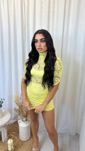 Lace Ruched Shoulder Padded Mini Dress - LEMON