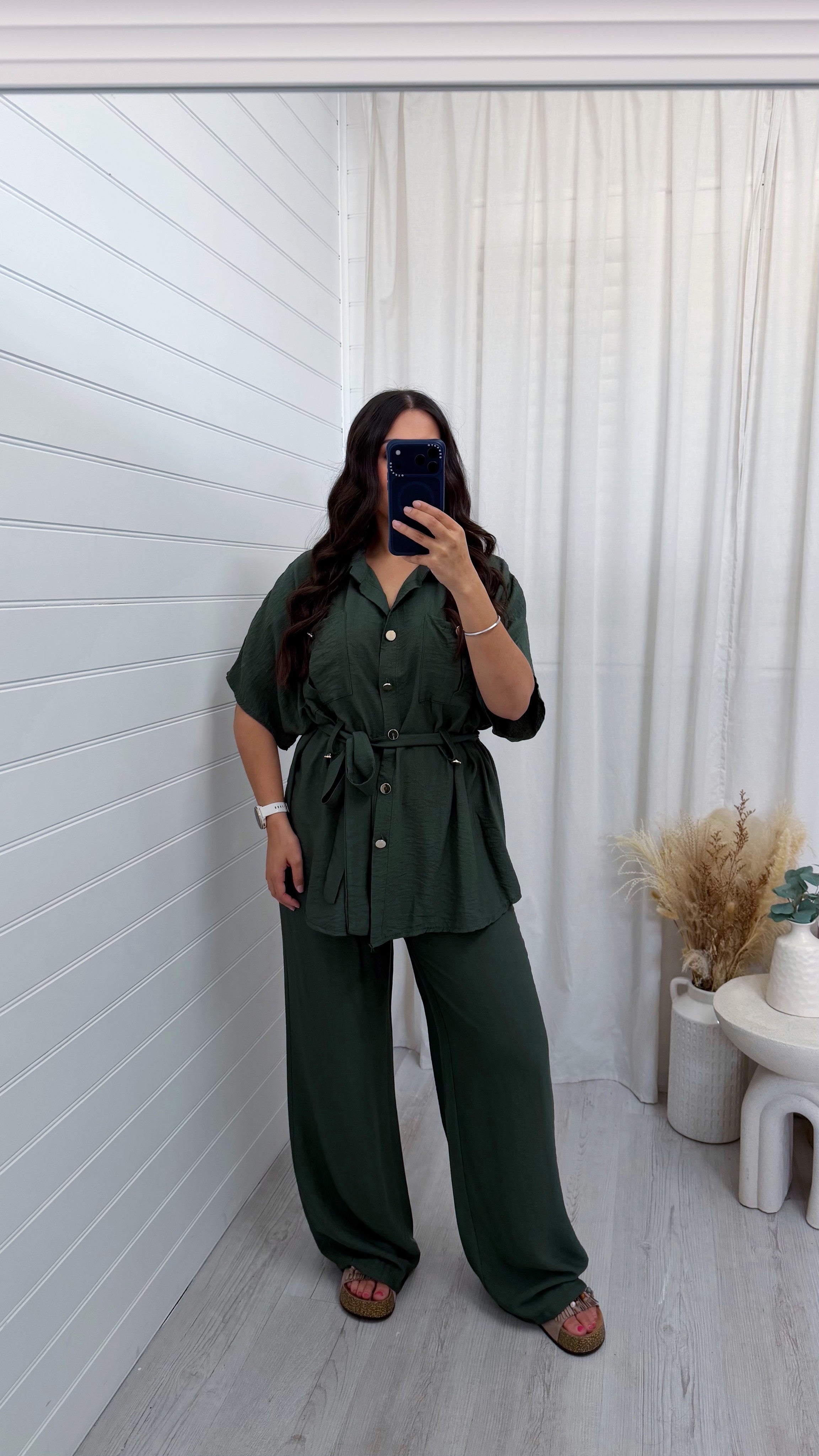 Gold Button Belted Shirt and Trousers Co-Ord - KHAKI