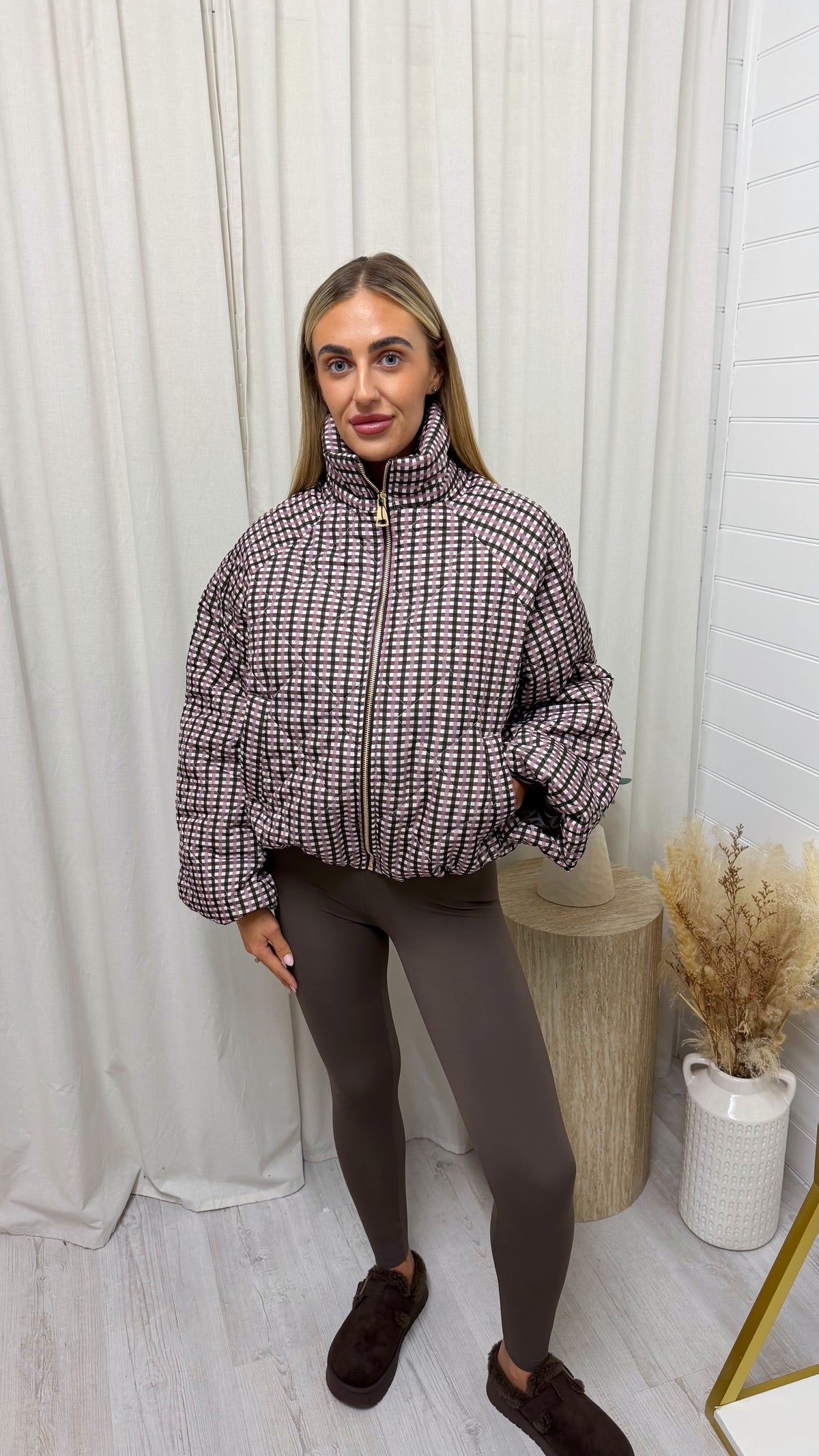 Quilted Gingham Bomber Jacket - PINK