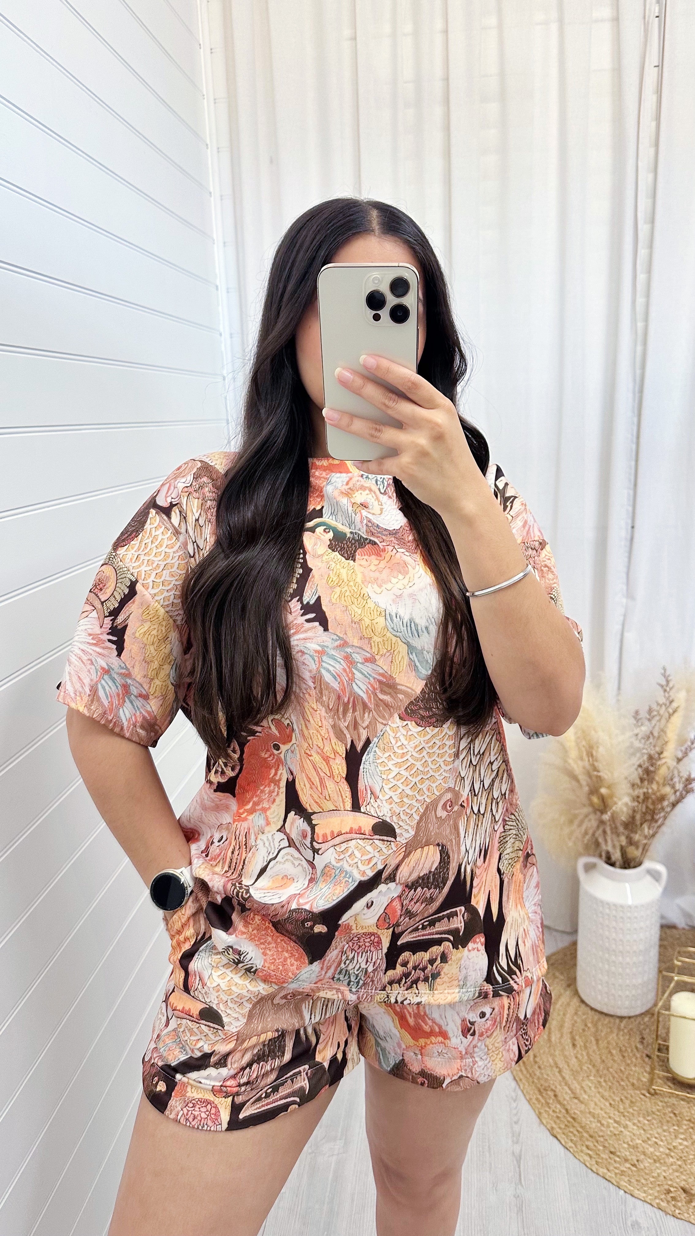 Bird Print T-Shirt and Shorts Co-Ord - BROWN