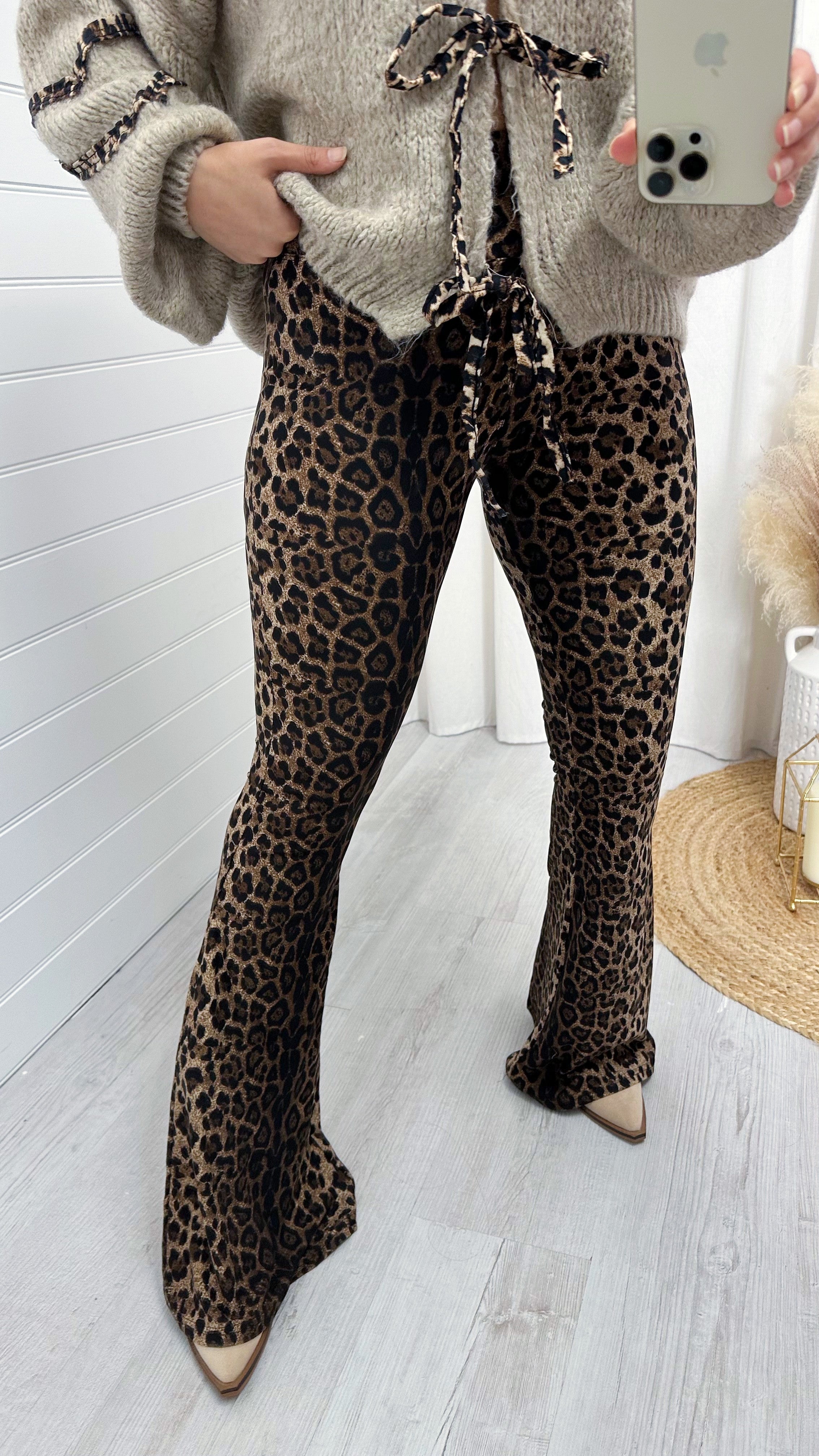 Leopard Print High Waisted Slim Fit Flare Trousers - DARK LEOPARD