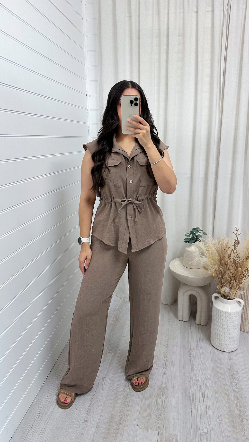 Sleeveless Cinch Shirt and Trousers Co-Ord - TAUPE