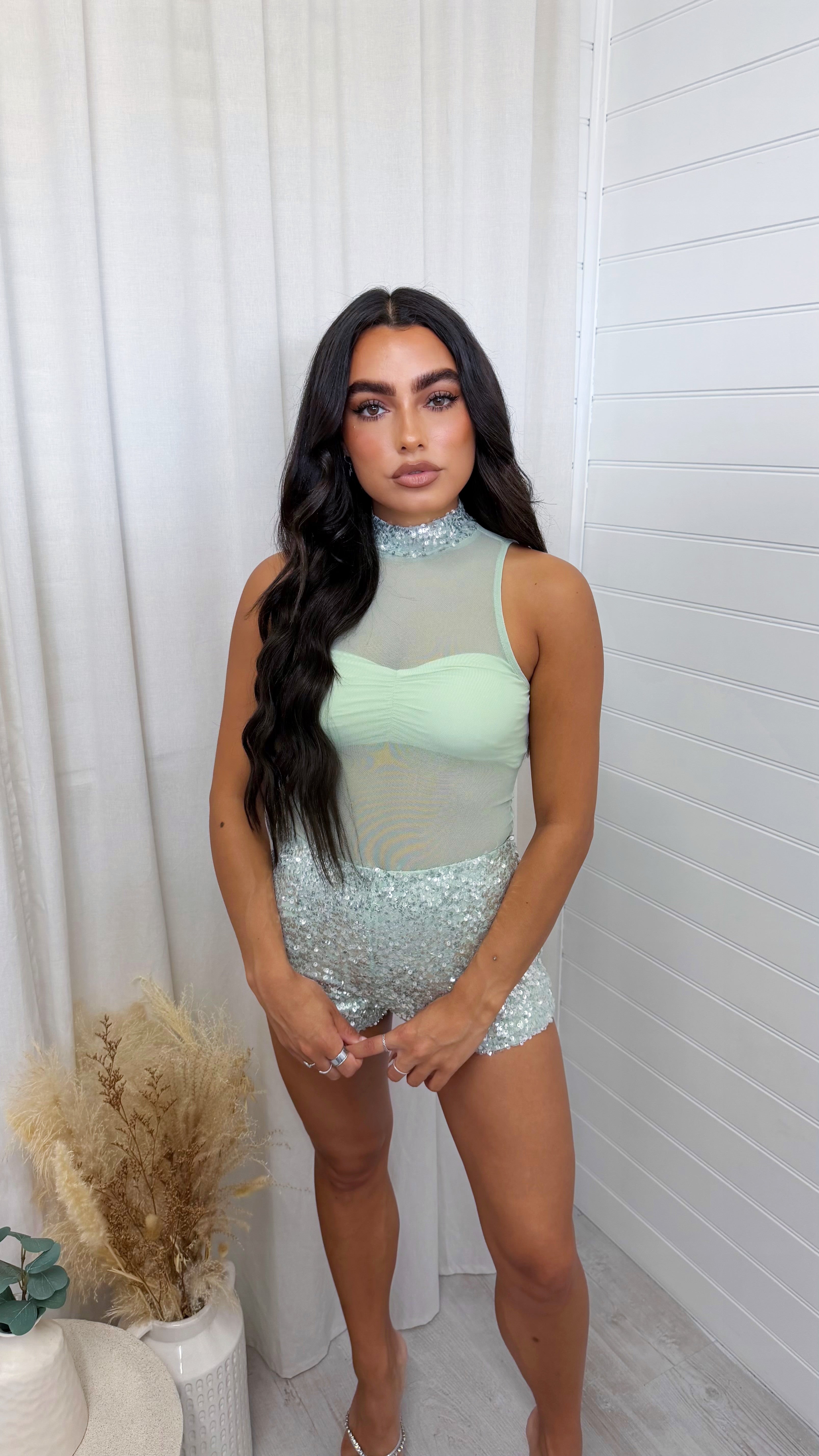 3 Piece Sequin Mesh Bodysuit, Bralette and Shorts Co-Ord - MINT