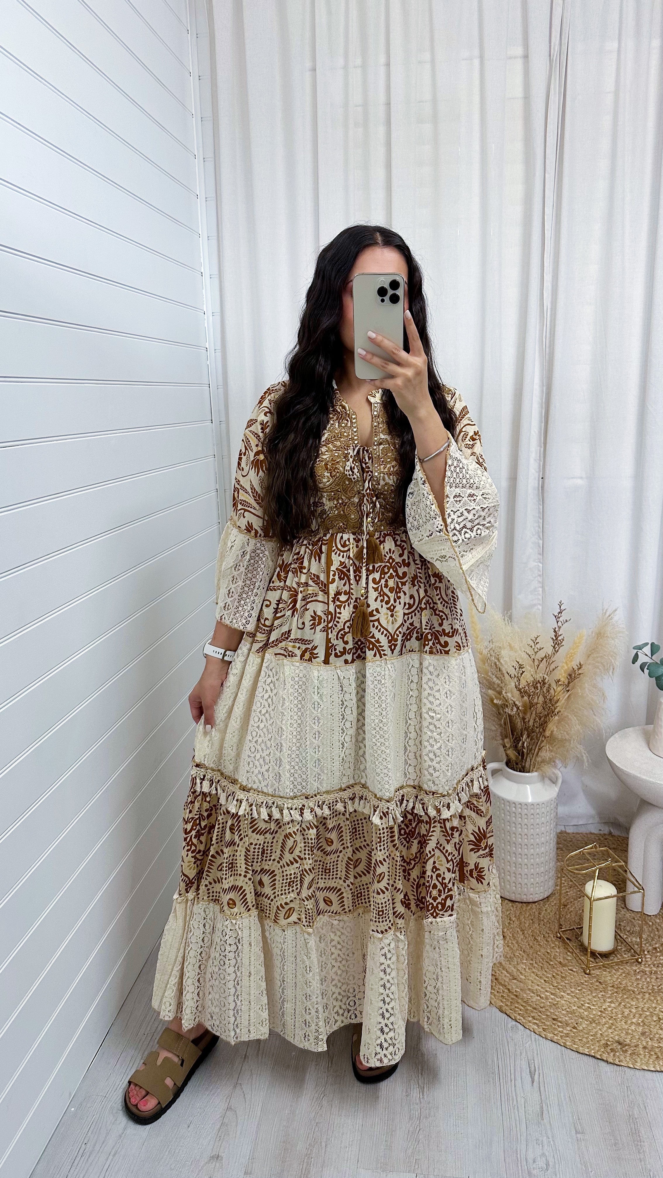 Lace Panel Damask Print Maxi Dress - TAN