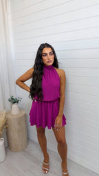 Halter Neck Frill Dress - PURPLE