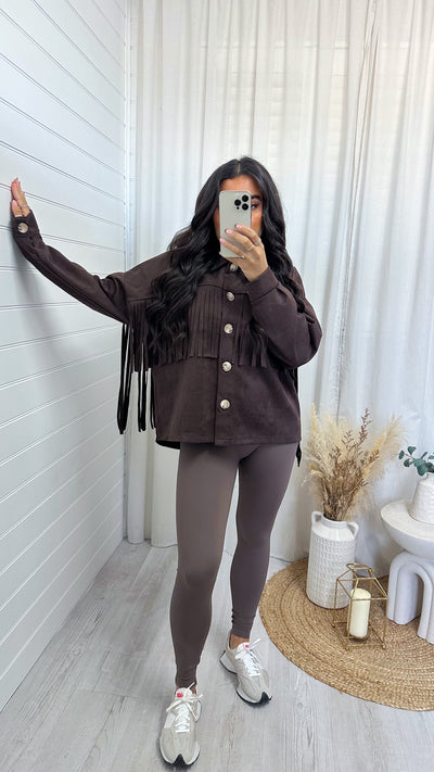 Suede Tassel Trim Jacket - BROWN