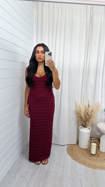 Textured Frill Strappy V Neck Maxi Dress - WINE