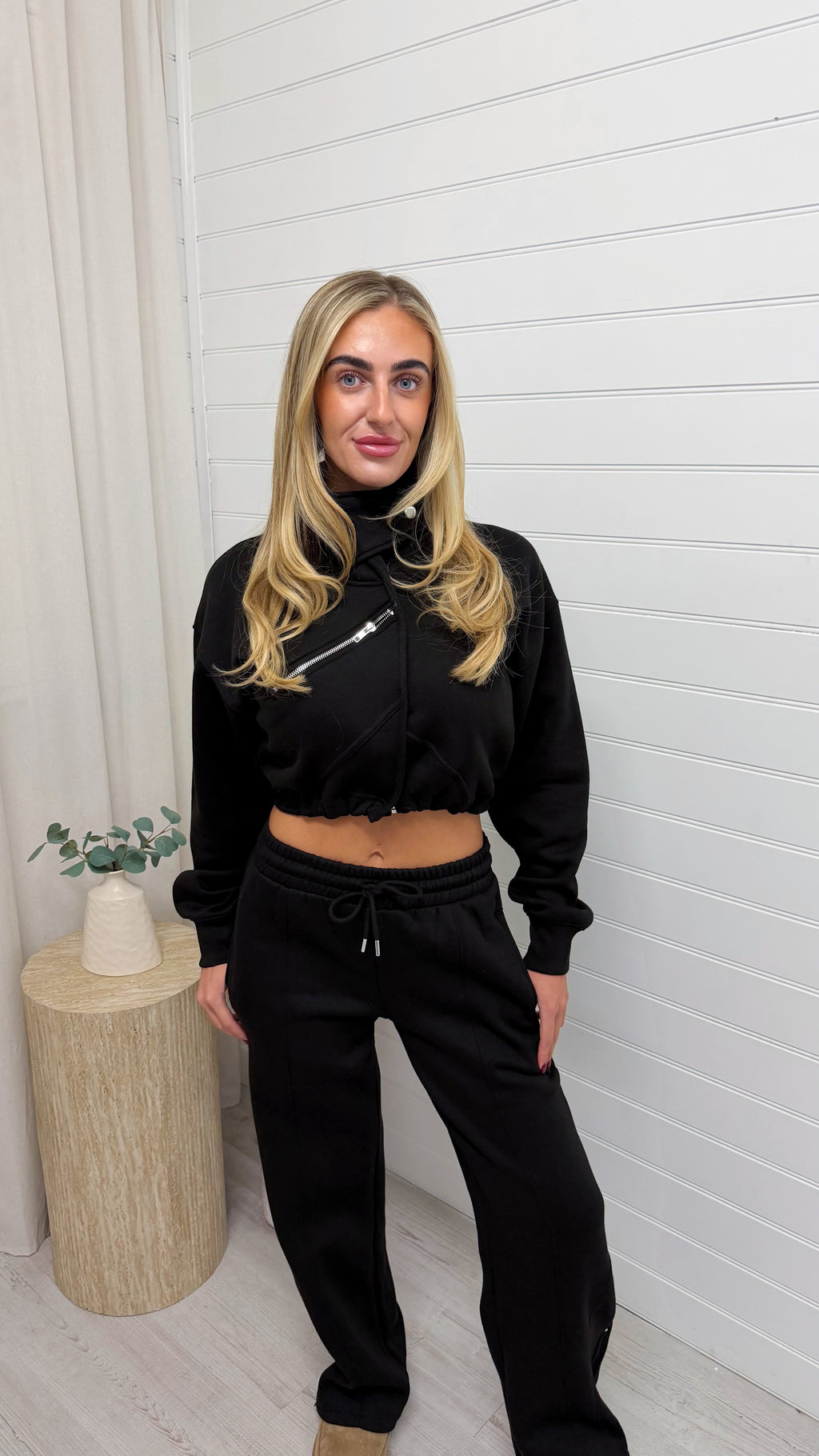 Funnel Neck Crop Jacket and Joggers Tracksuit - BLACK
