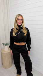 Funnel Neck Crop Jacket and Joggers Tracksuit - BLACK