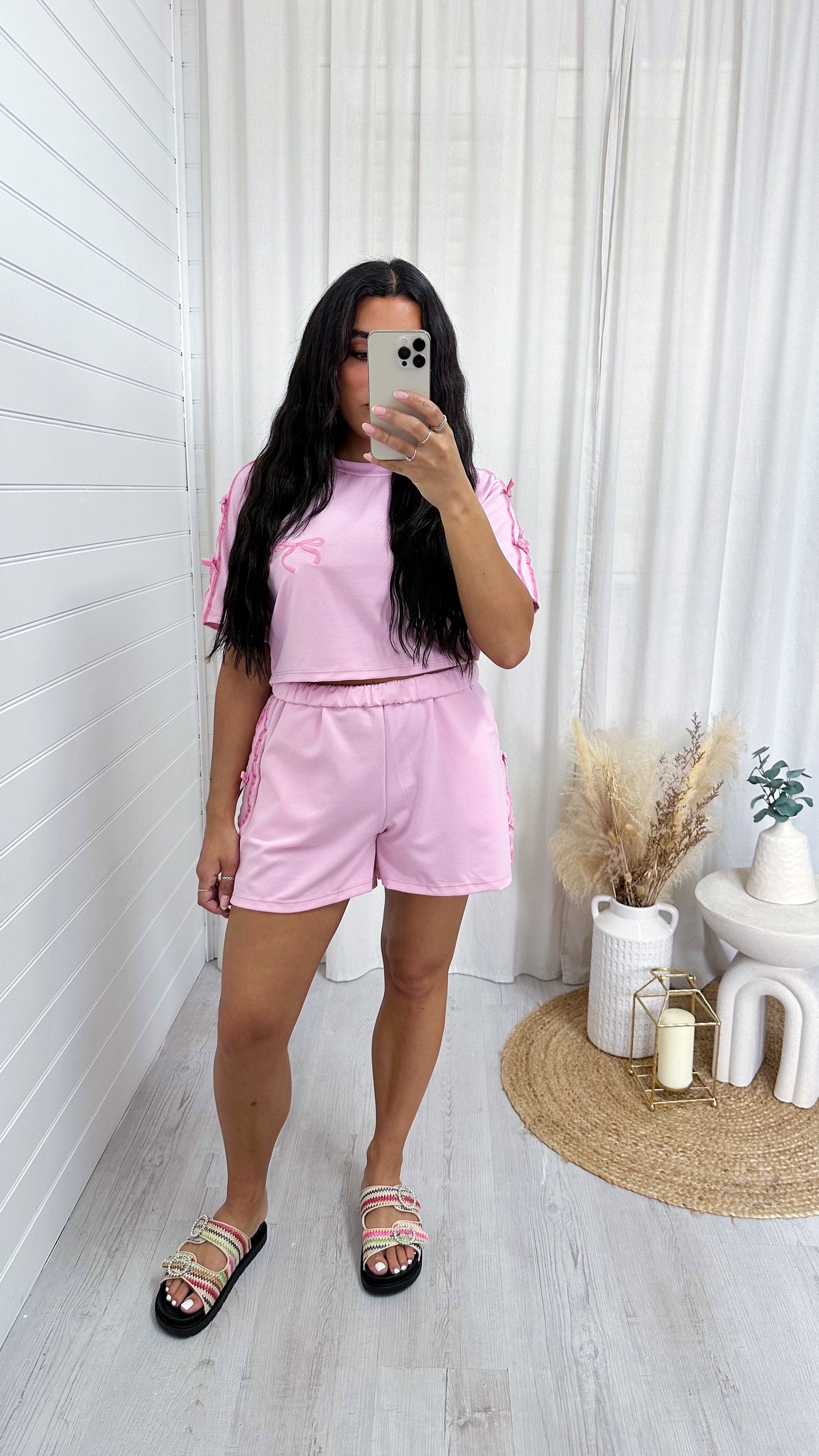 Velvet Bow Crop Top and Shorts Co-Ord - BABY PINK