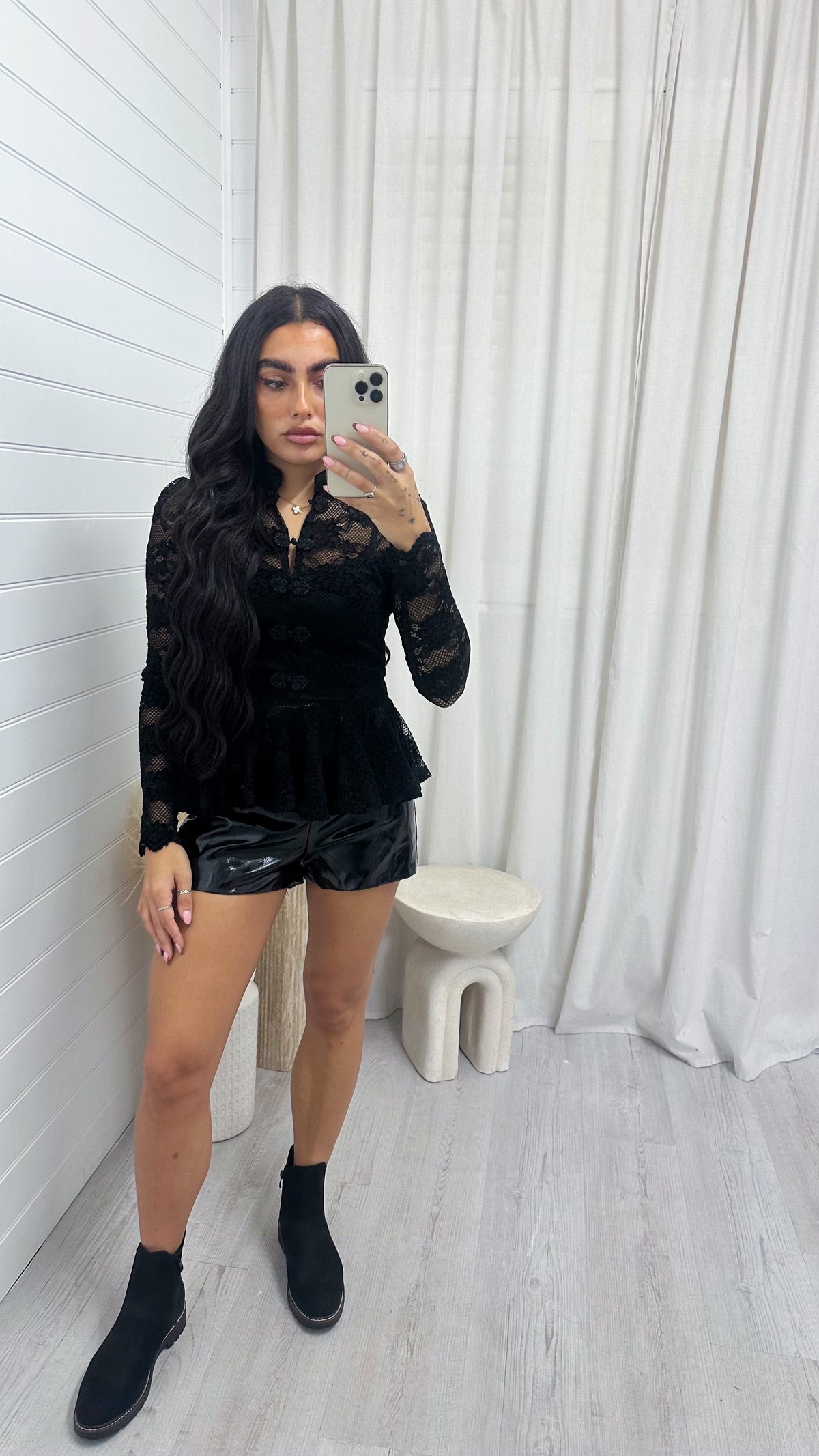 Manderin Neck Long Sleeve Lace Top - BLACK