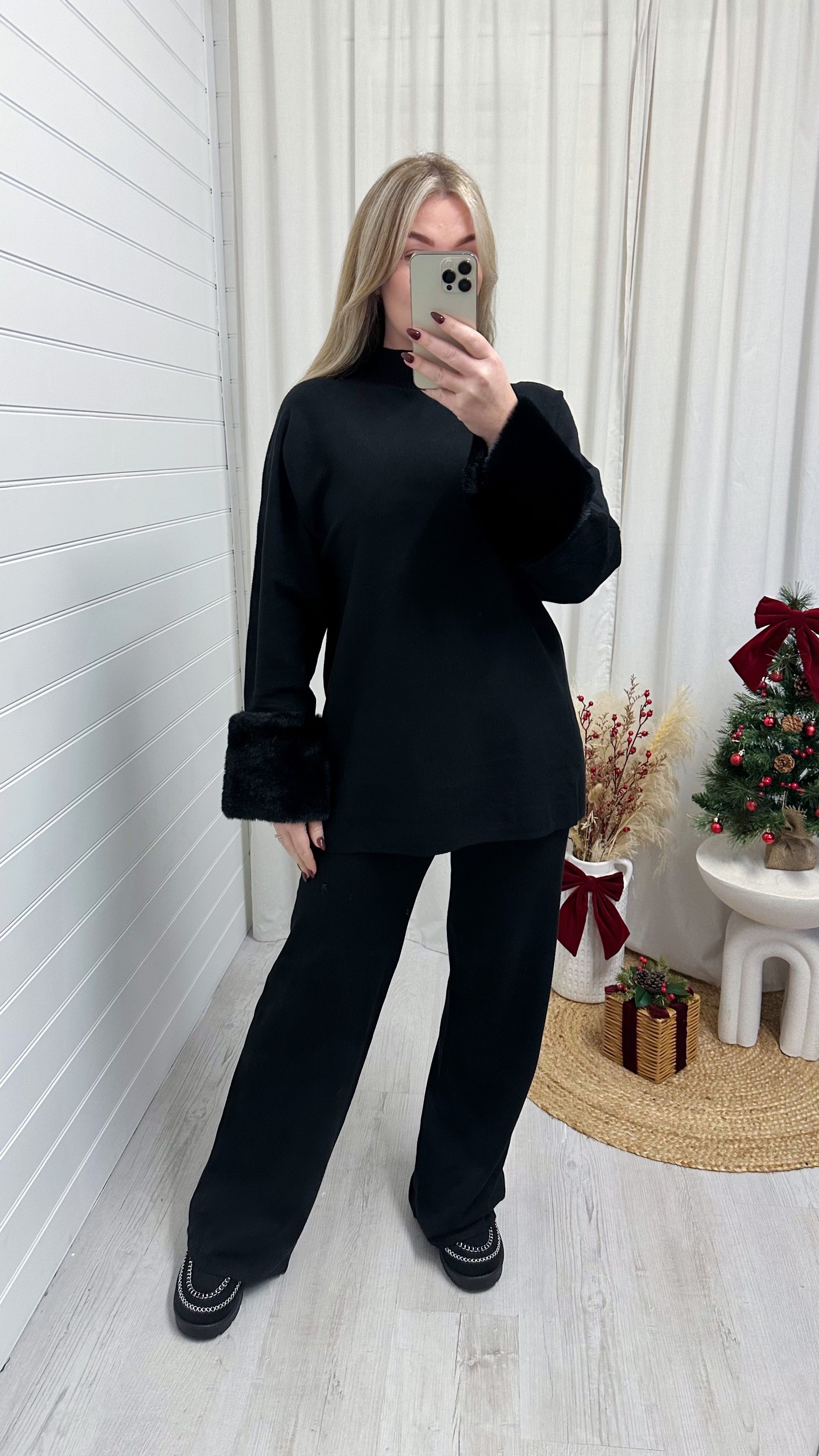 Fur Cuff Knitted Top and Trousers Co-Ord - BLACK