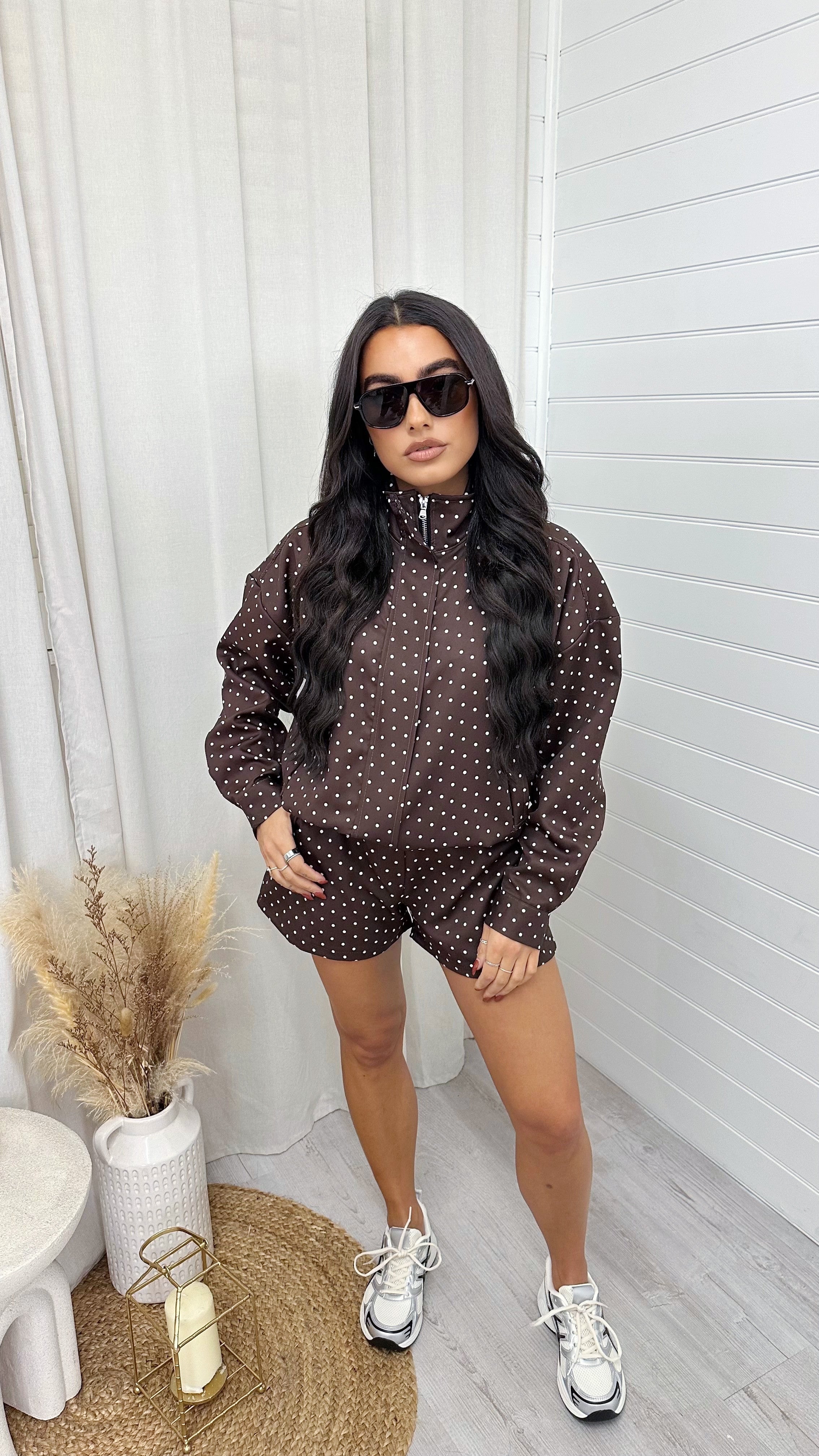 Polka Dot Bomber Jacket and Shorts Co-Ord - BROWN