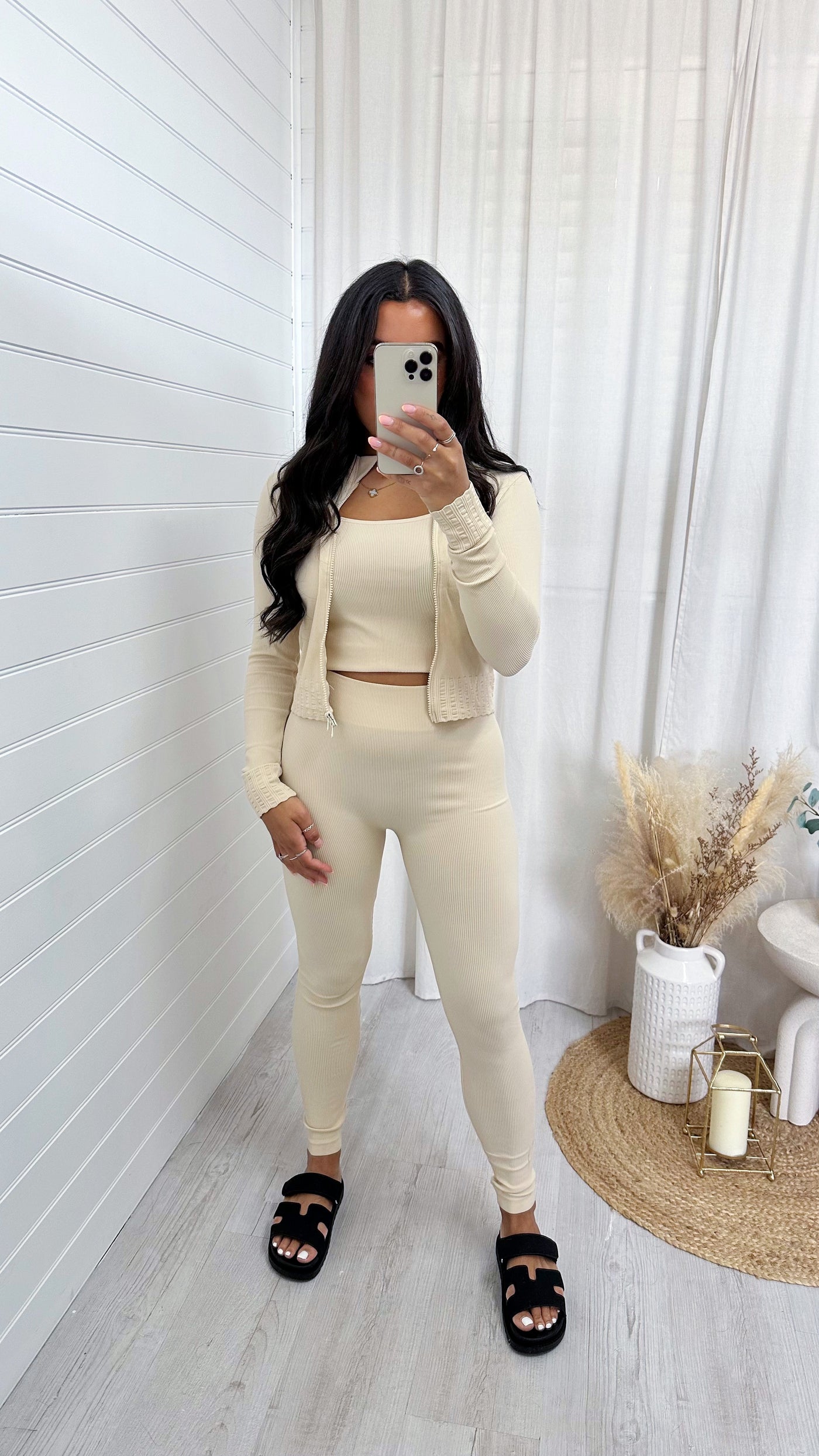 3 Piece Jacket, Crop Top and Leggings Active Set - LIGHT BEIGE