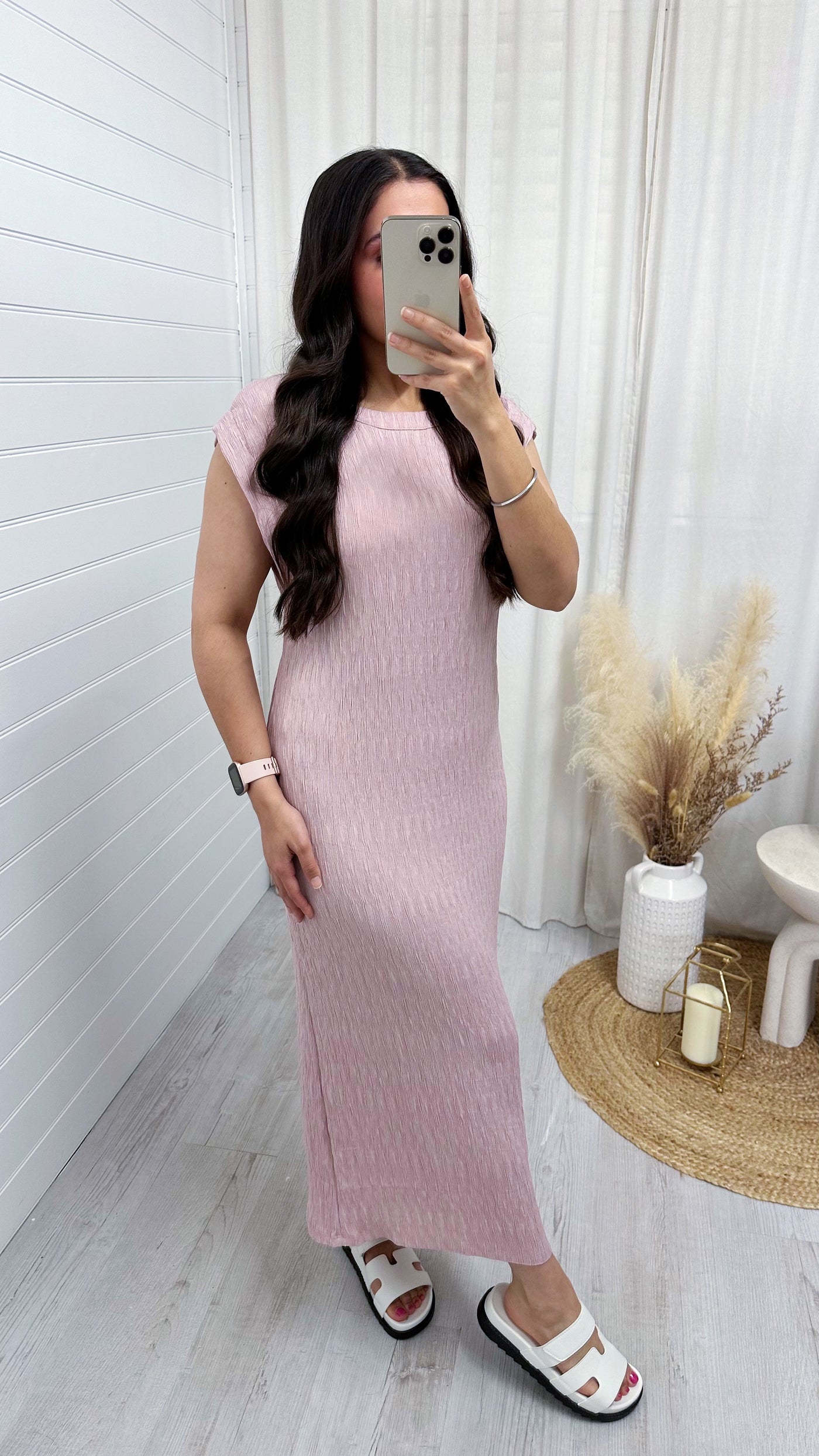 Plain Crinkle Midi Dress - DUSTY PINK