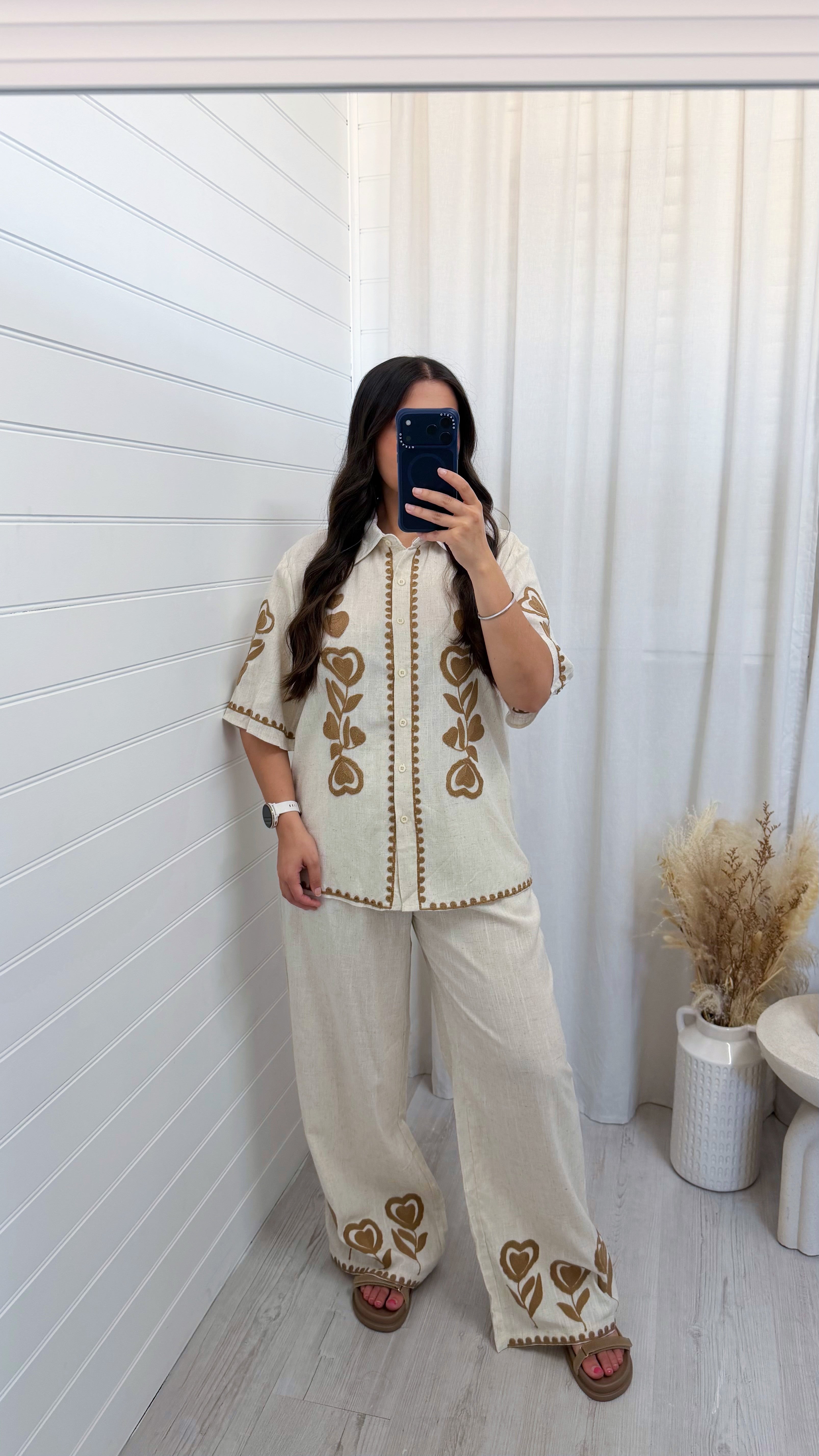 Embroidered Linen Shirt and Trousers Co-Ord - BEIGE