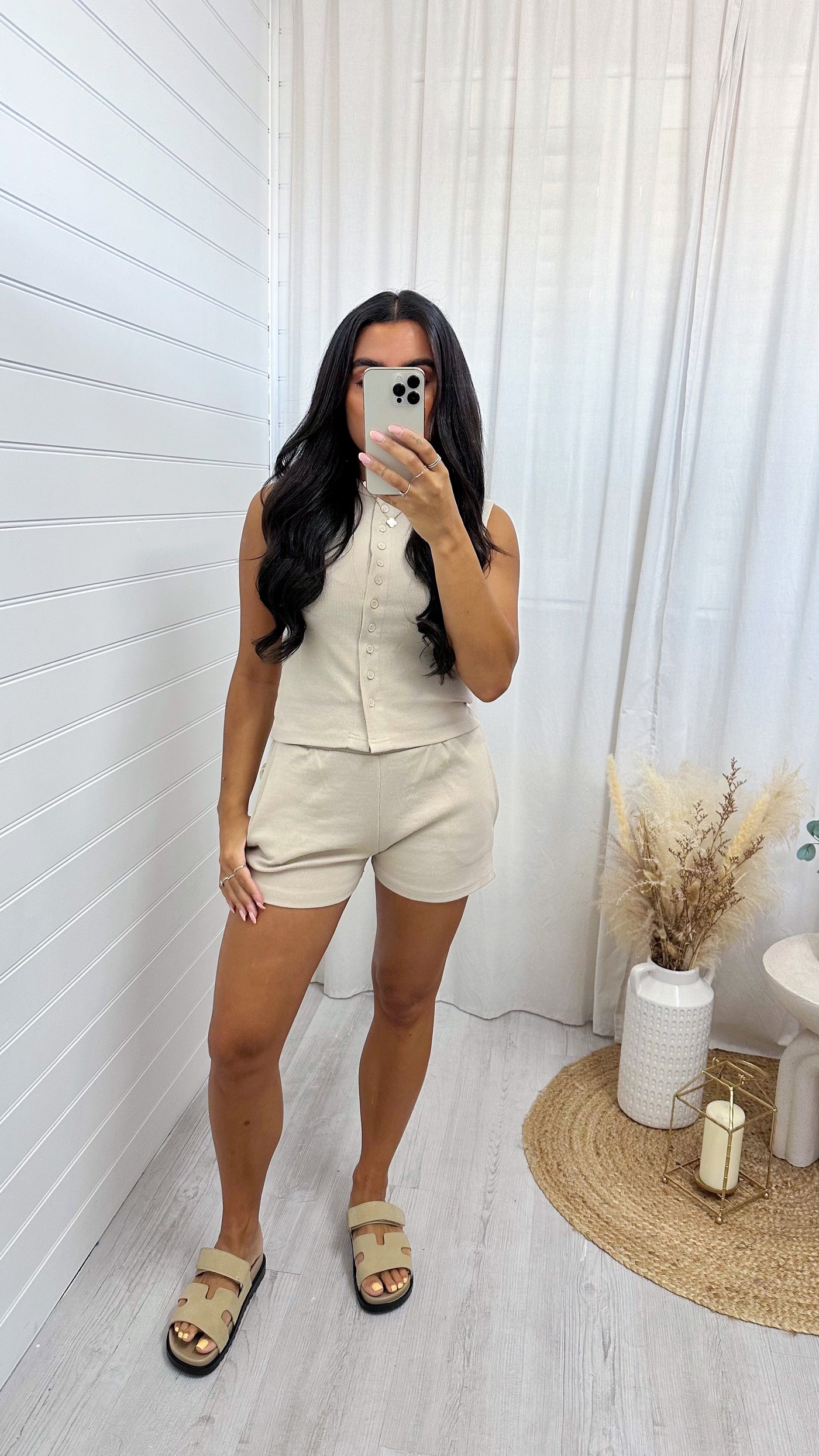 Ribbed Sleeveless Button Vest and Shorts Co-Ord - BEIGE