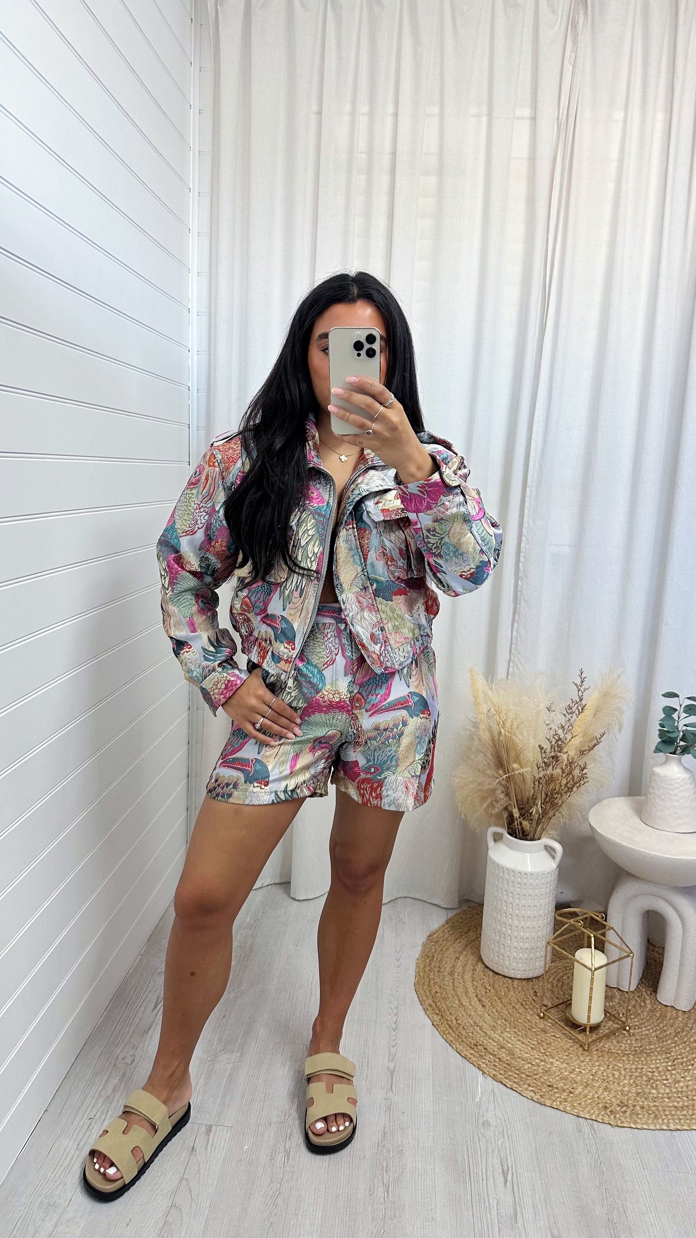 Floral Jacquard Cropped Bomber Jacket - PINK