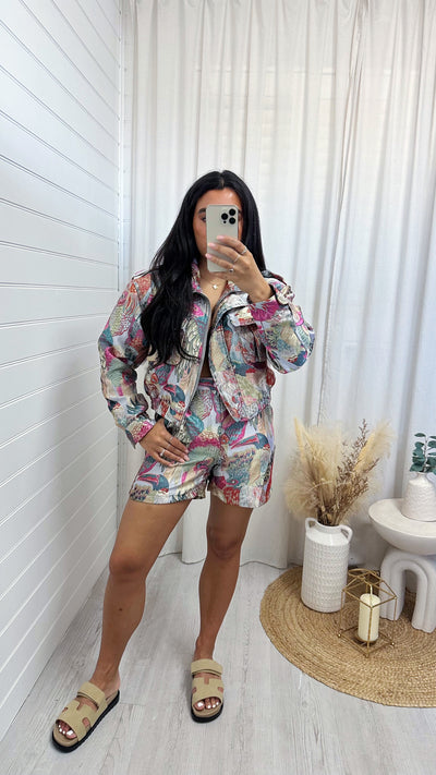 Floral Jacquard Cropped Bomber Jacket - PINK