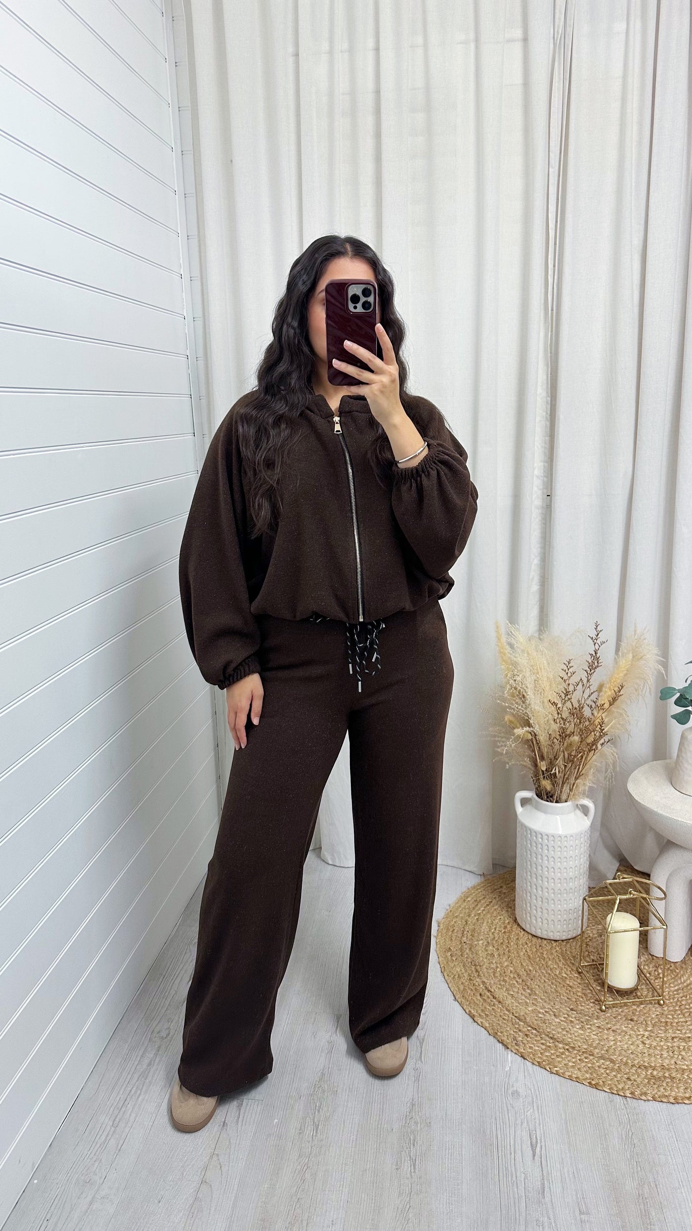 Shimmery Knitted  Bomber Jacket and Joggers Co-Ord - BROWN