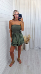 Shirred Bardot Frill Playsuit - KHAKI