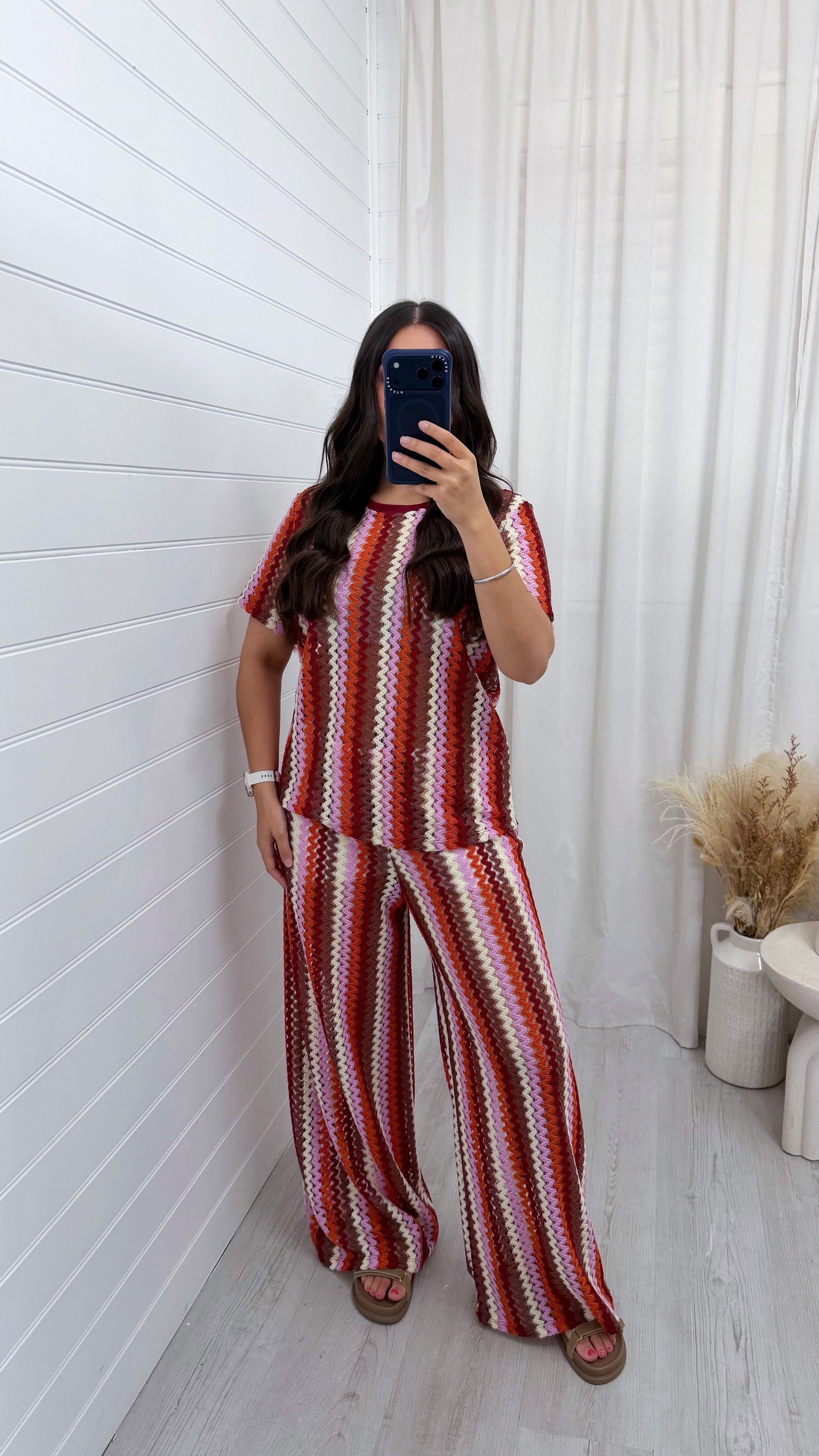 Zig Zag Crochet T-Shirt and Trousers Co-Ord - ORANGE/BROWN