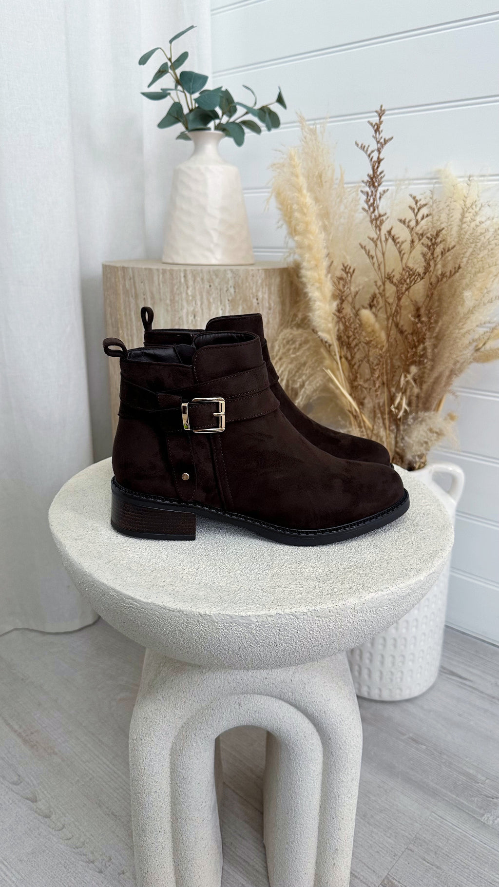 Suede Buckle Ankle Boots - DARK BROWN