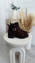 Suede Buckle Ankle Boots - DARK BROWN