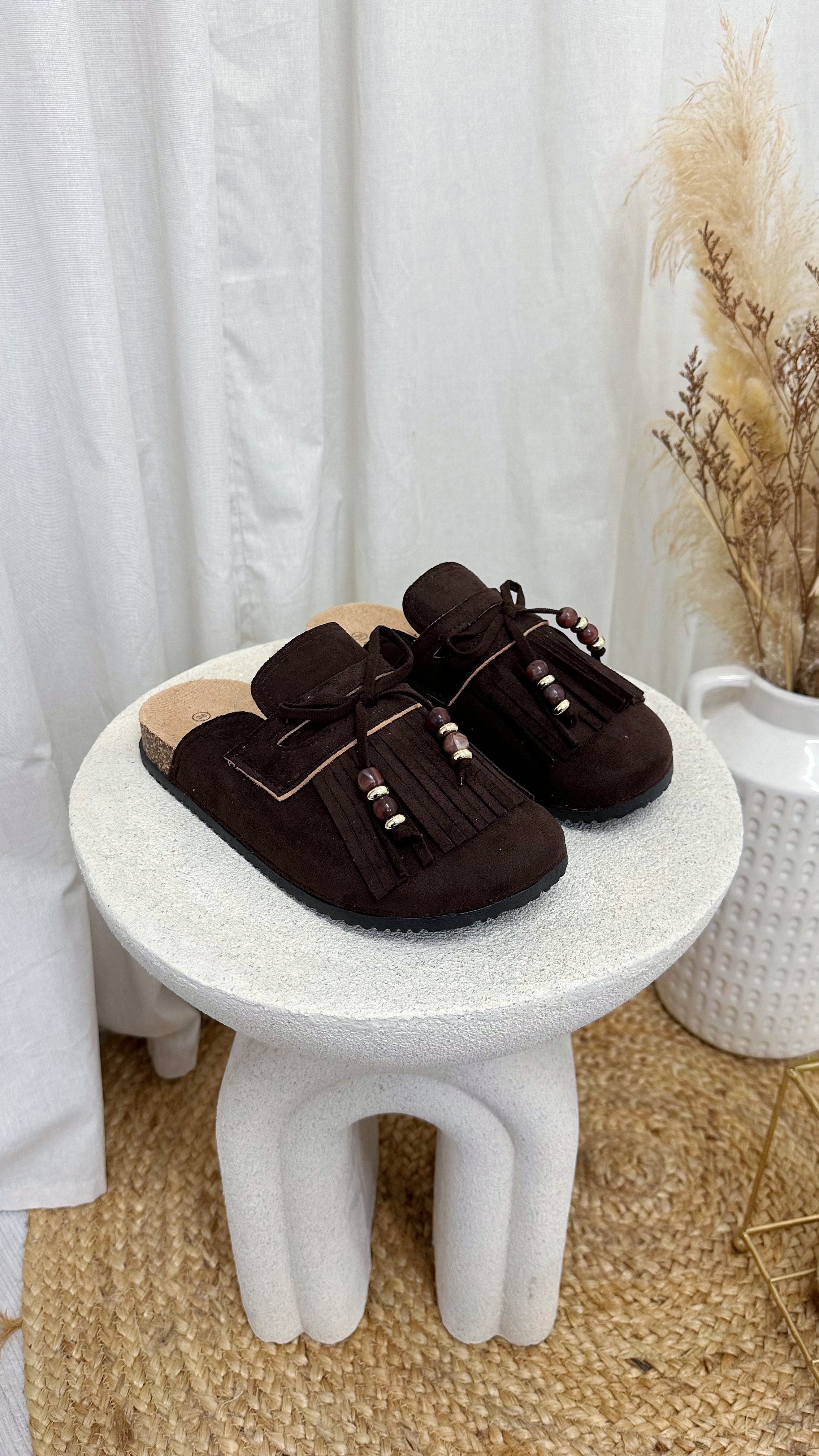 Beaded Tassel Suede Mules - BROWN