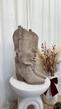 Fold Over Silver Buckle Knee High Cowboy Boots - TAUPE
