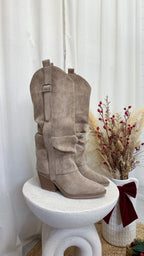 Fold Over Silver Buckle Knee High Cowboy Boots - TAUPE