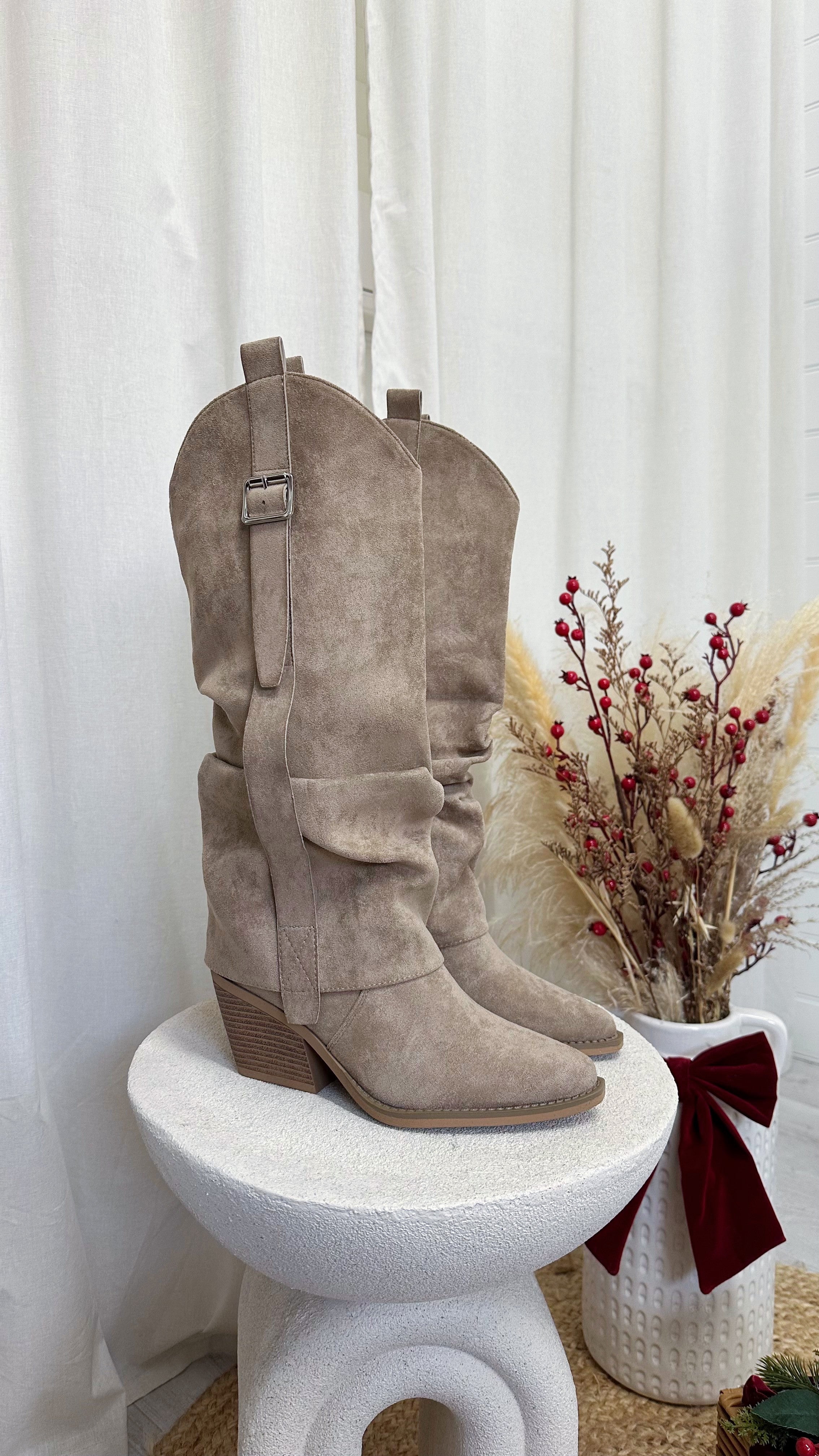 Fold Over Silver Buckle Knee High Cowboy Boots - TAUPE