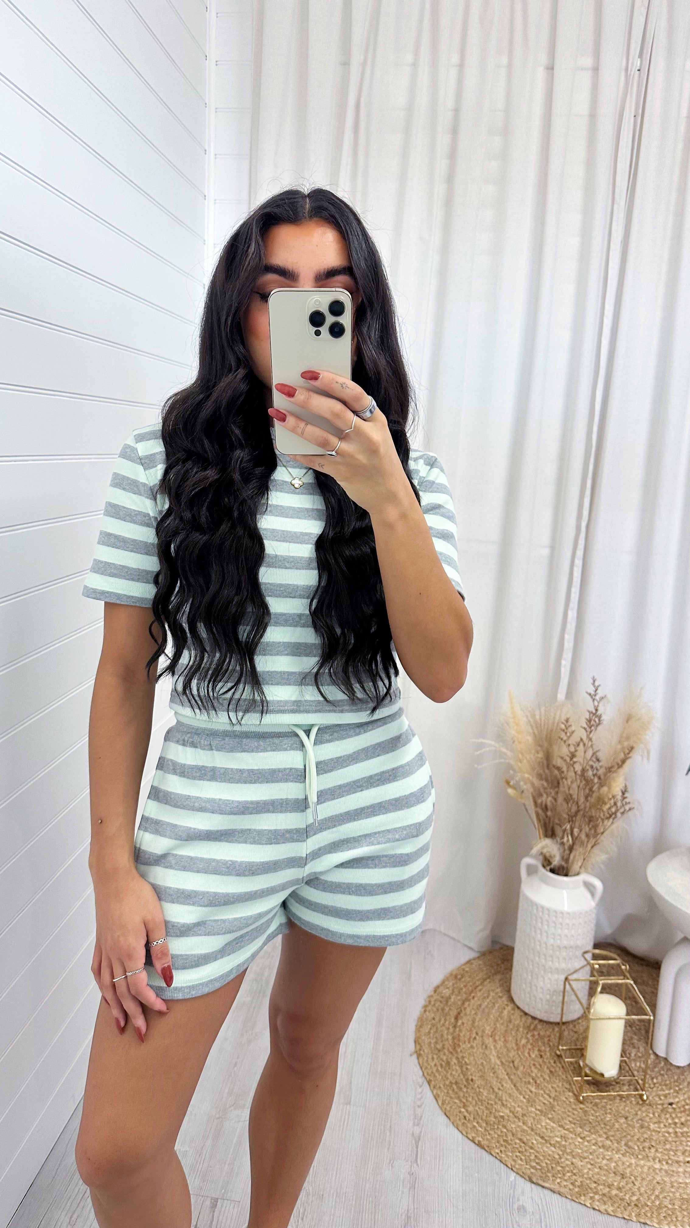 Stripey Rib T-Shirt and Shorts Co-Ord - AQUA