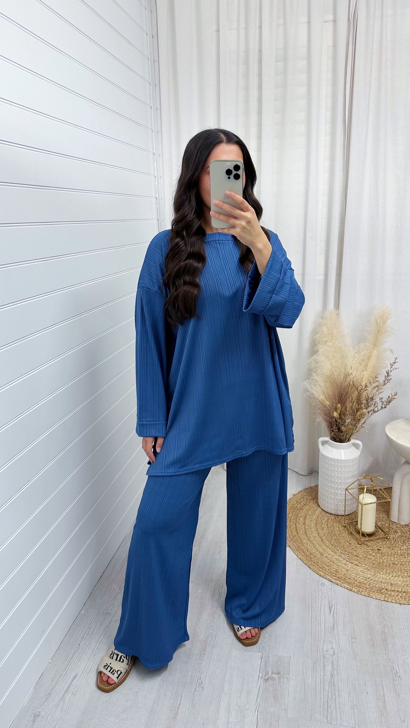 Long Sleeve Ribbed Top and Trousers Co-Ord - DENIM BLUE