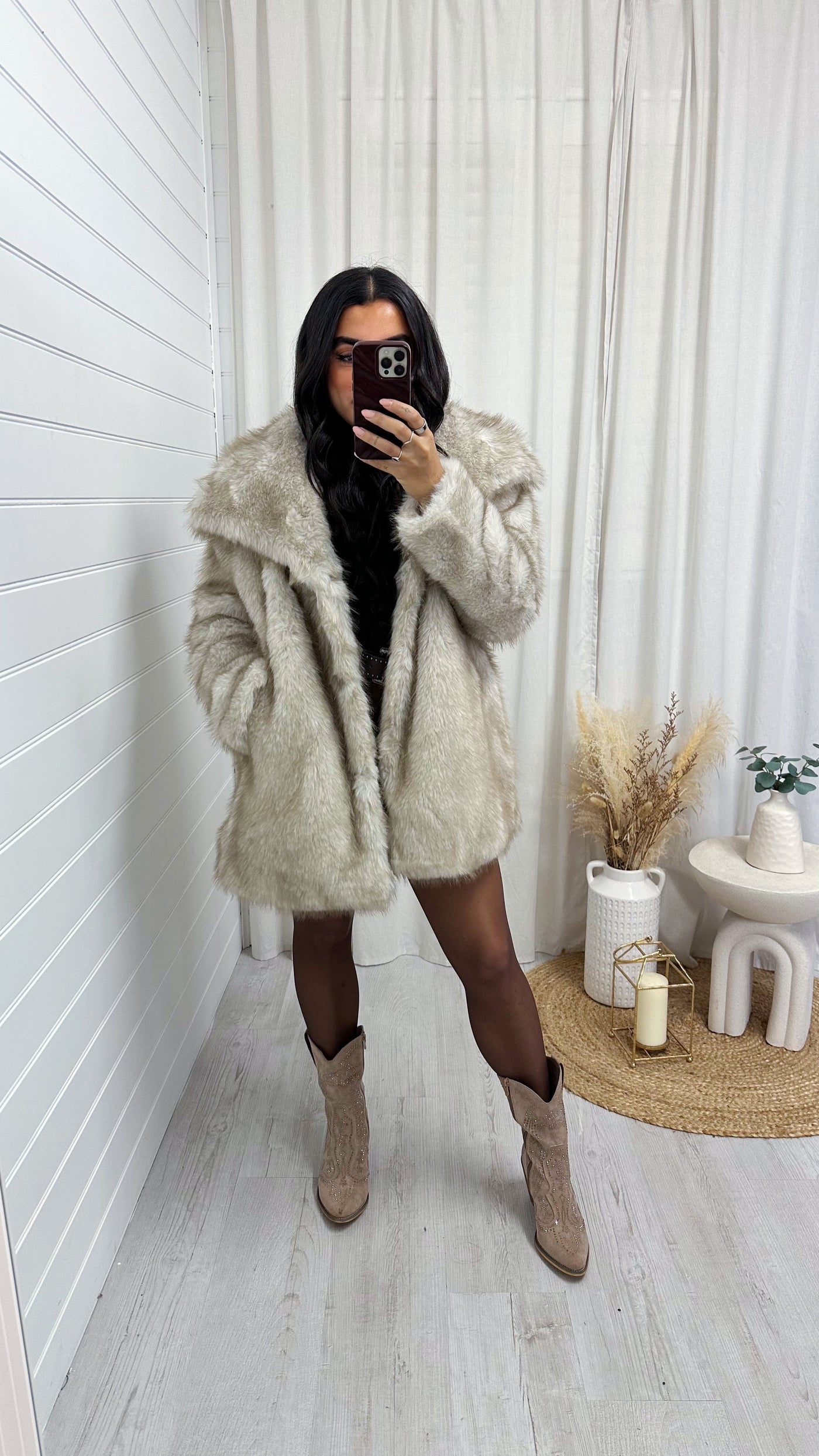 Long Faux Fur Lapel Coat - BEIGE