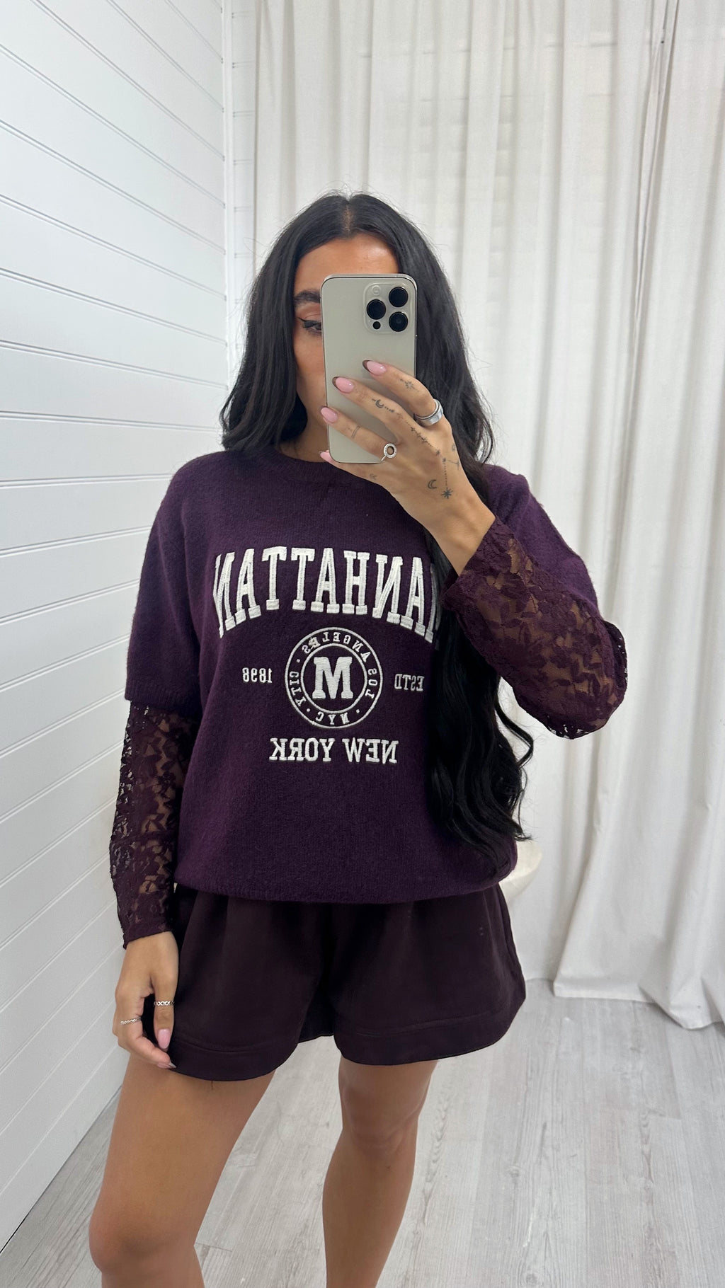 Lace Sleeve Manhattan Woollen Jumper - BURGUNDY