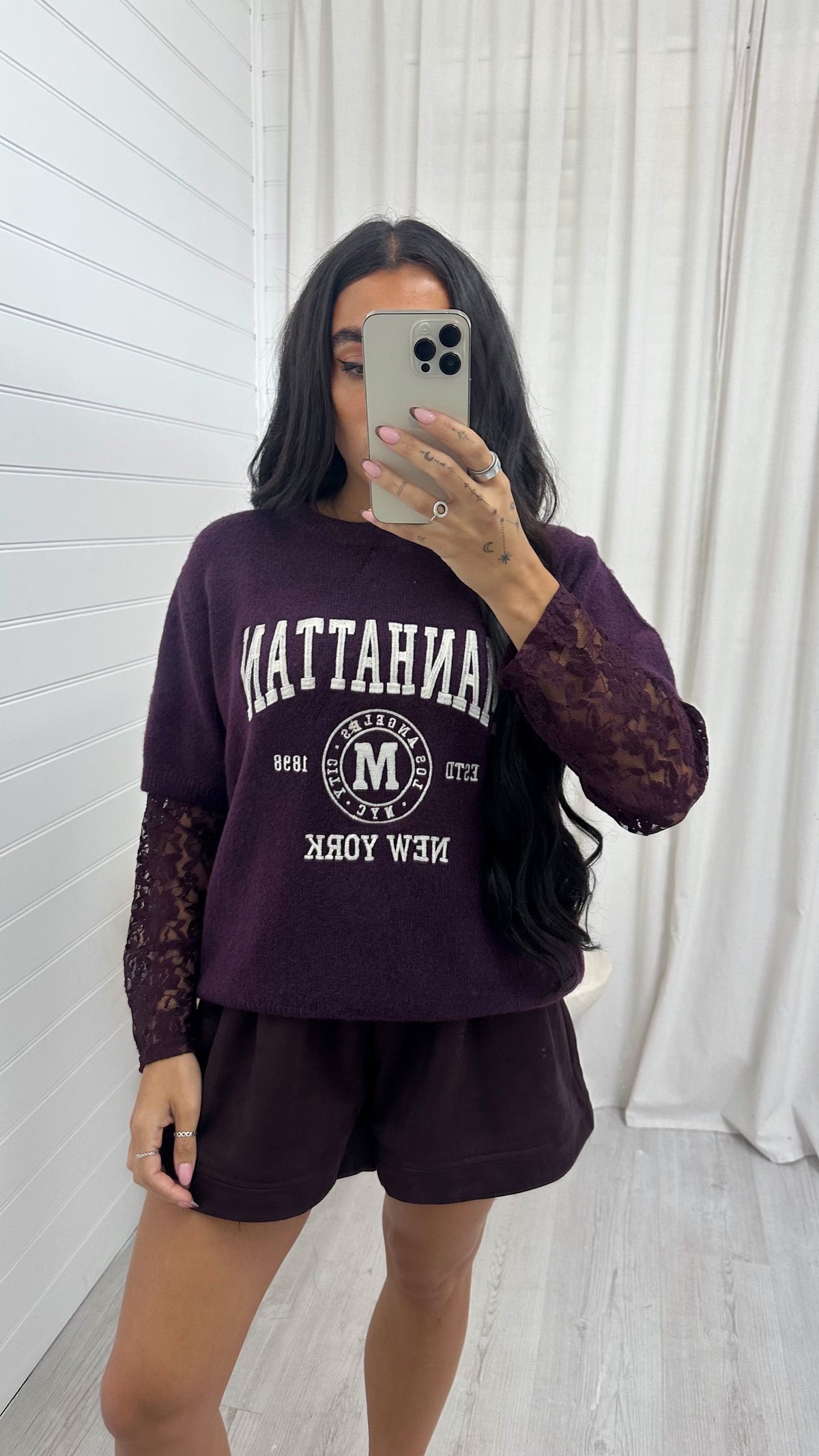 Lace Sleeve Manhattan Woollen Jumper - BURGUNDY