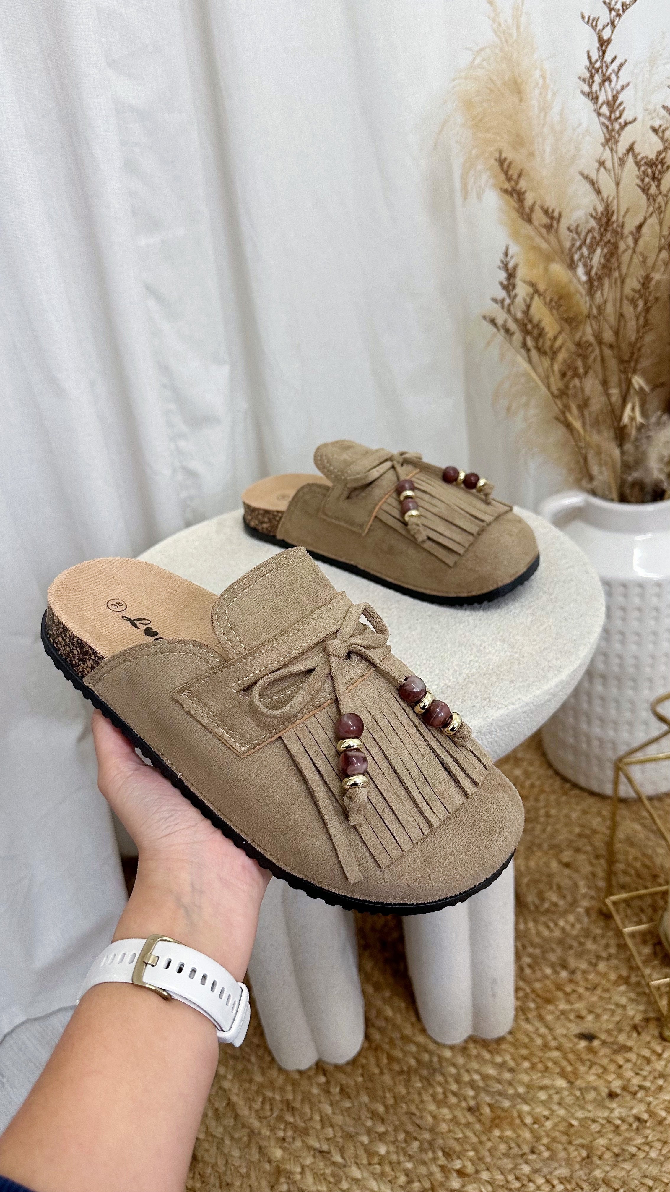 Beaded Tassel Suede Mules - DARK BEIGE