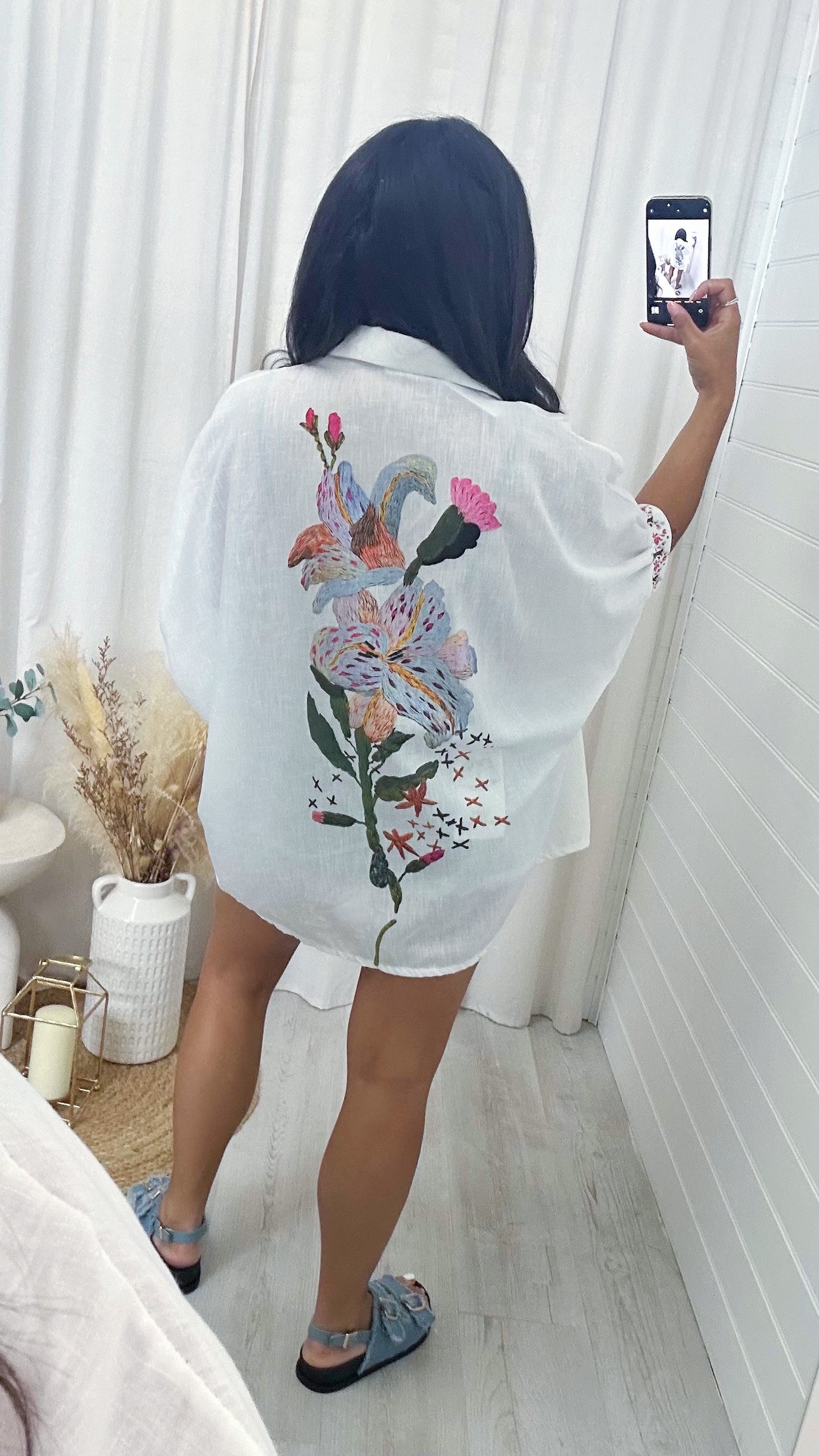 Oriental Print Oversized Linen Shirt - WHITE